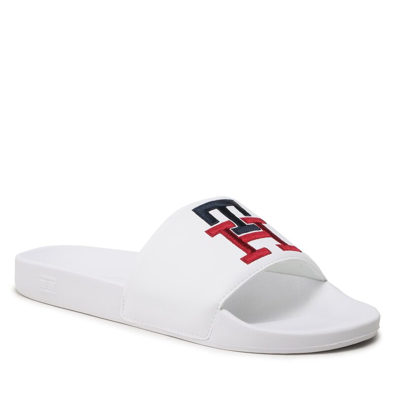 Pantoletten Tommy Hilfiger Th Raised Embroidery Pool Slide FM0FM04349 White YBR Hausschuhe Pantoletten und Sandaletten Herrenschuhe