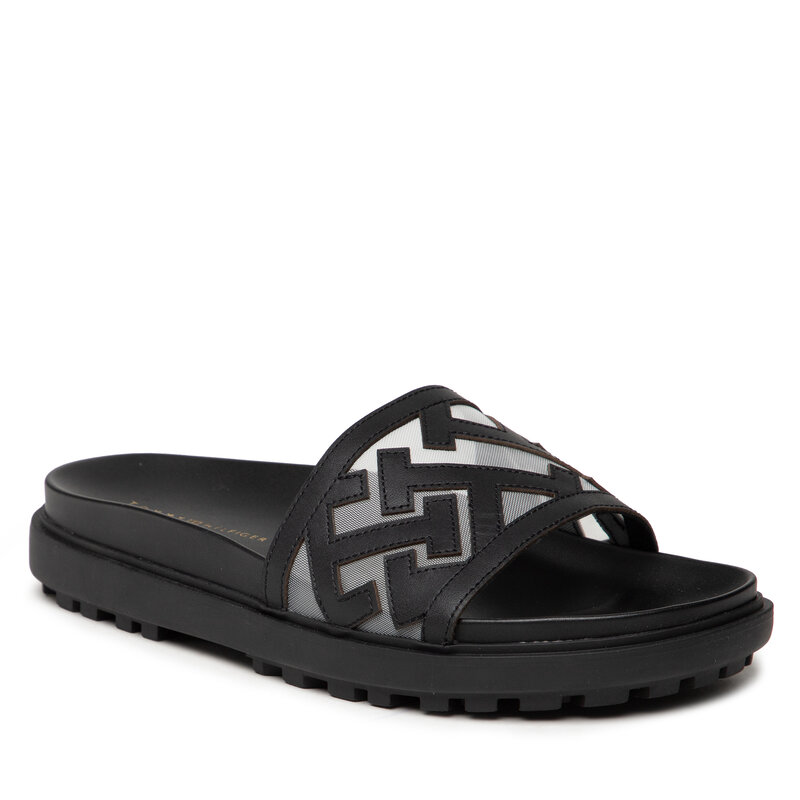 Pantoletten Tommy Hilfiger Th Elevated Flat Sandal FW0FW07407 Black BDS Alltägliche Pantoletten Pantoletten Pantoletten und Sandaletten Damenschuhe