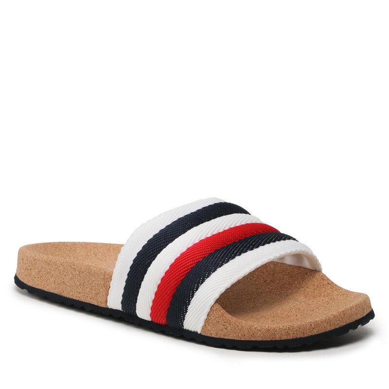 Pantoletten Tommy Hilfiger Corporate Cork Pool Slide FM0FM04466 White YBS Pantoletten Pantoletten und Sandaletten Herrenschuhe