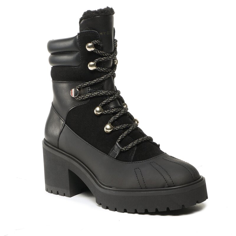 Stiefeletten TOMMY HILFIGER Heel laced Outdoor Boot FW0FW06804 Triple Black 0GK Boots Stiefel und andere Damenschuhe