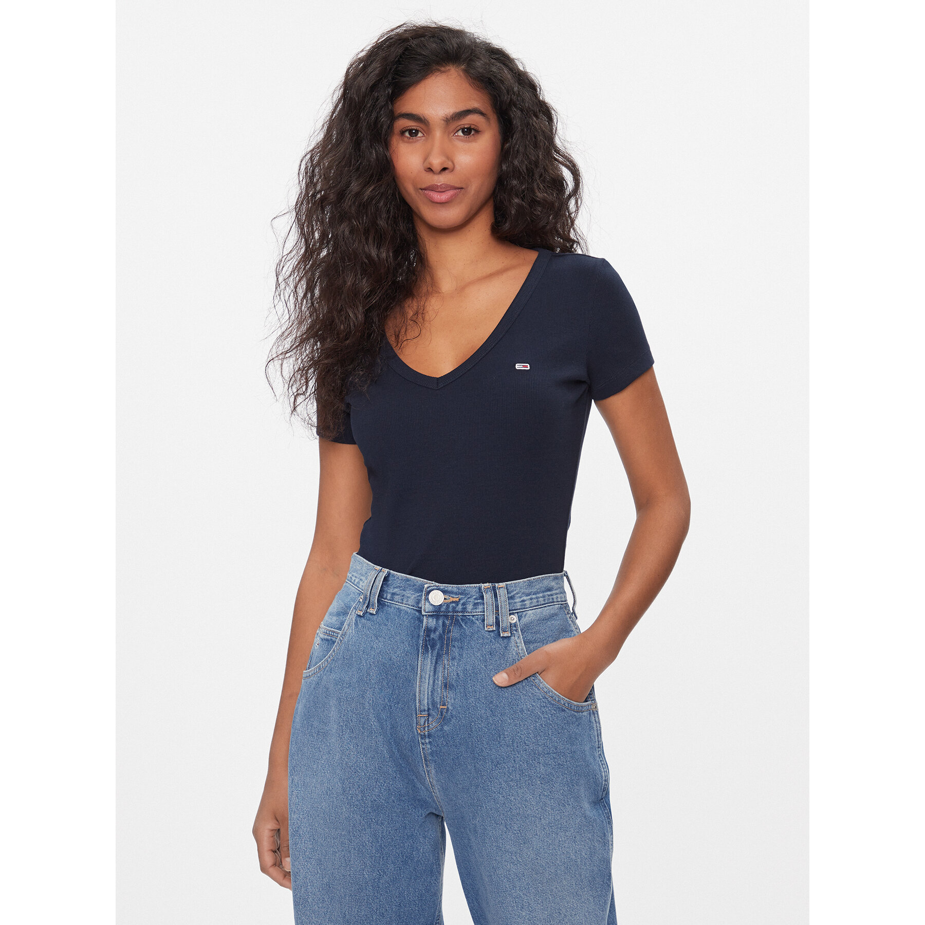 Tommy Jeans Póló Tjw Slim Essential Rib V Ss DW0DW17385 Sötétkék Slim Fit
