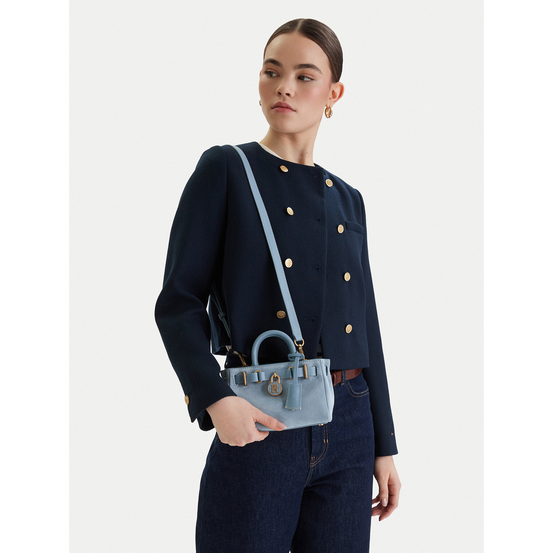 Geantă Tommy Hilfiger American Icon Micro Tote Suede AW0AW18853 Albastru celest