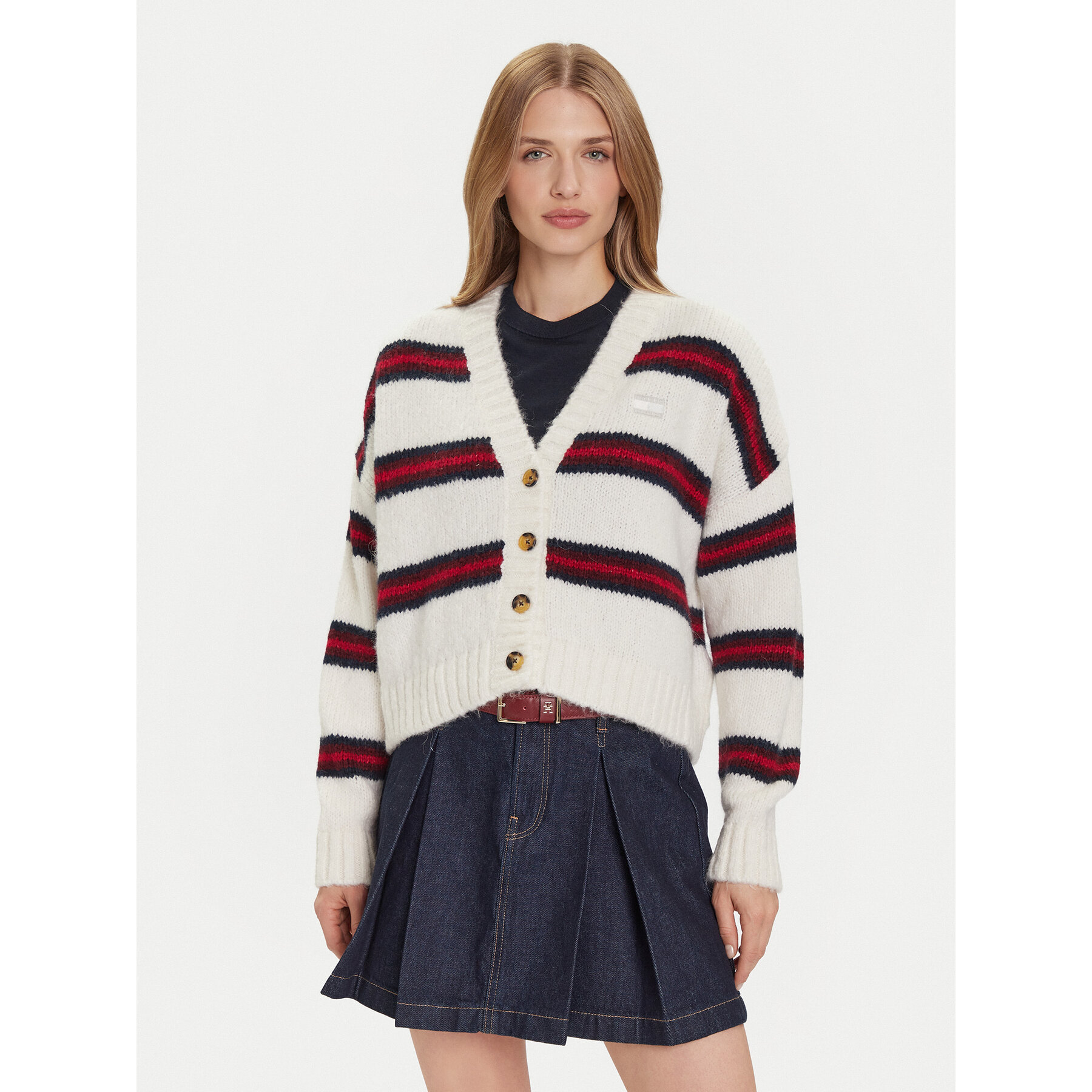 Tommy Jeans Strickjacke Badge DW0DW21678 Écru Relaxed Fit