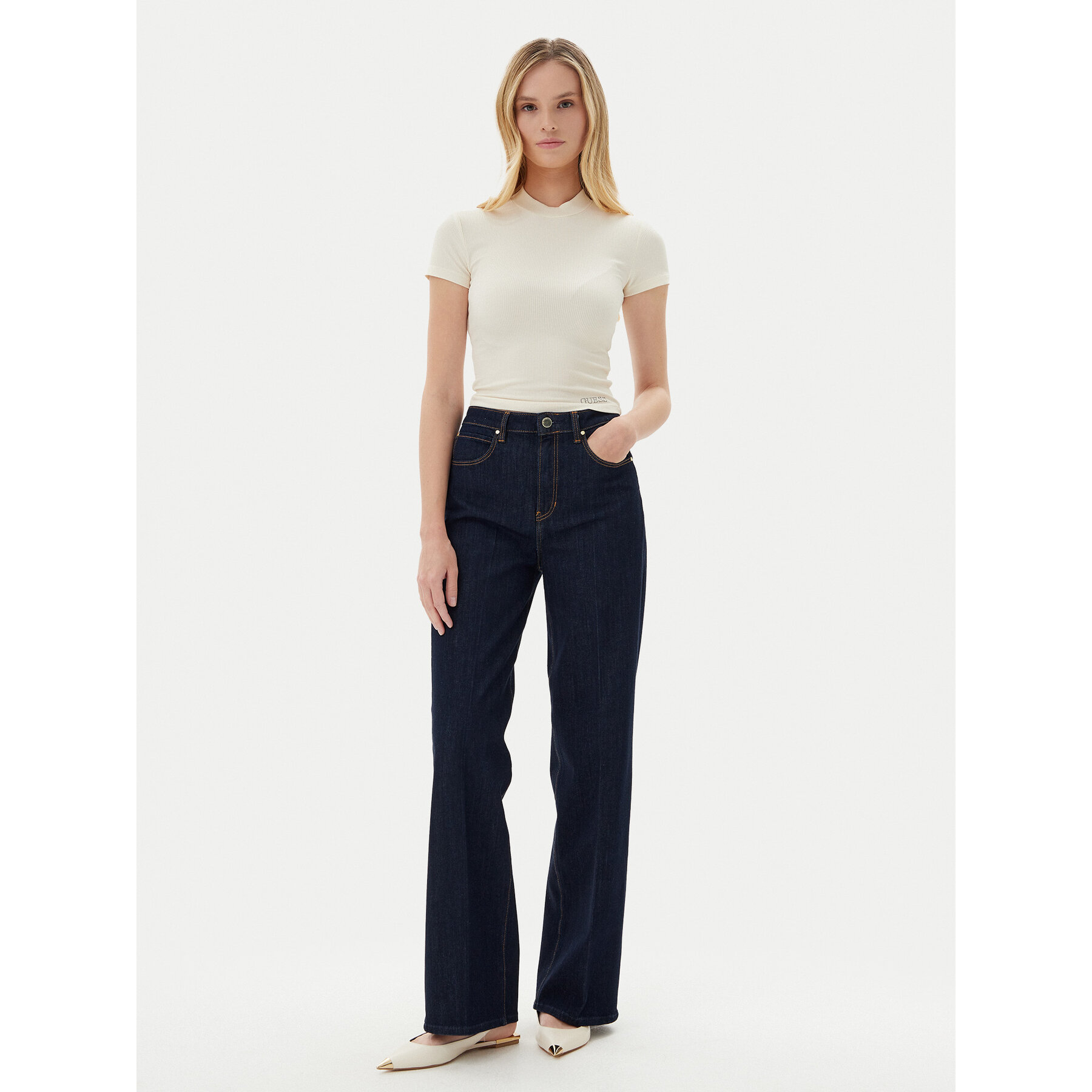 Guess Póló O5GP04 KCDA2 Ekru Slim Fit