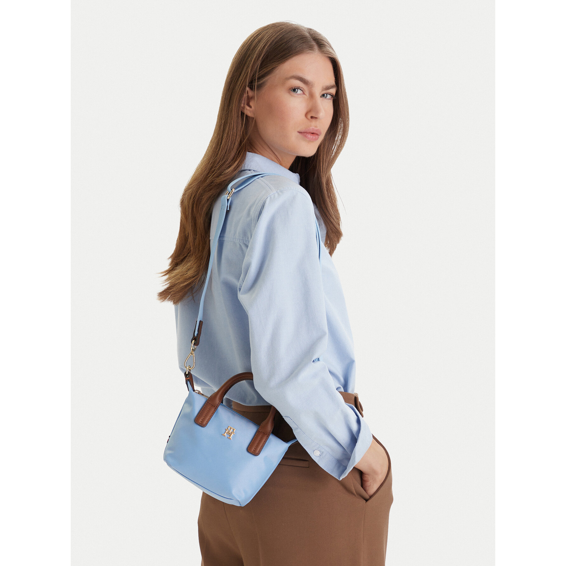 Geantă Tommy Hilfiger Popette Micro Tote AW0AW18368 Albastru celest