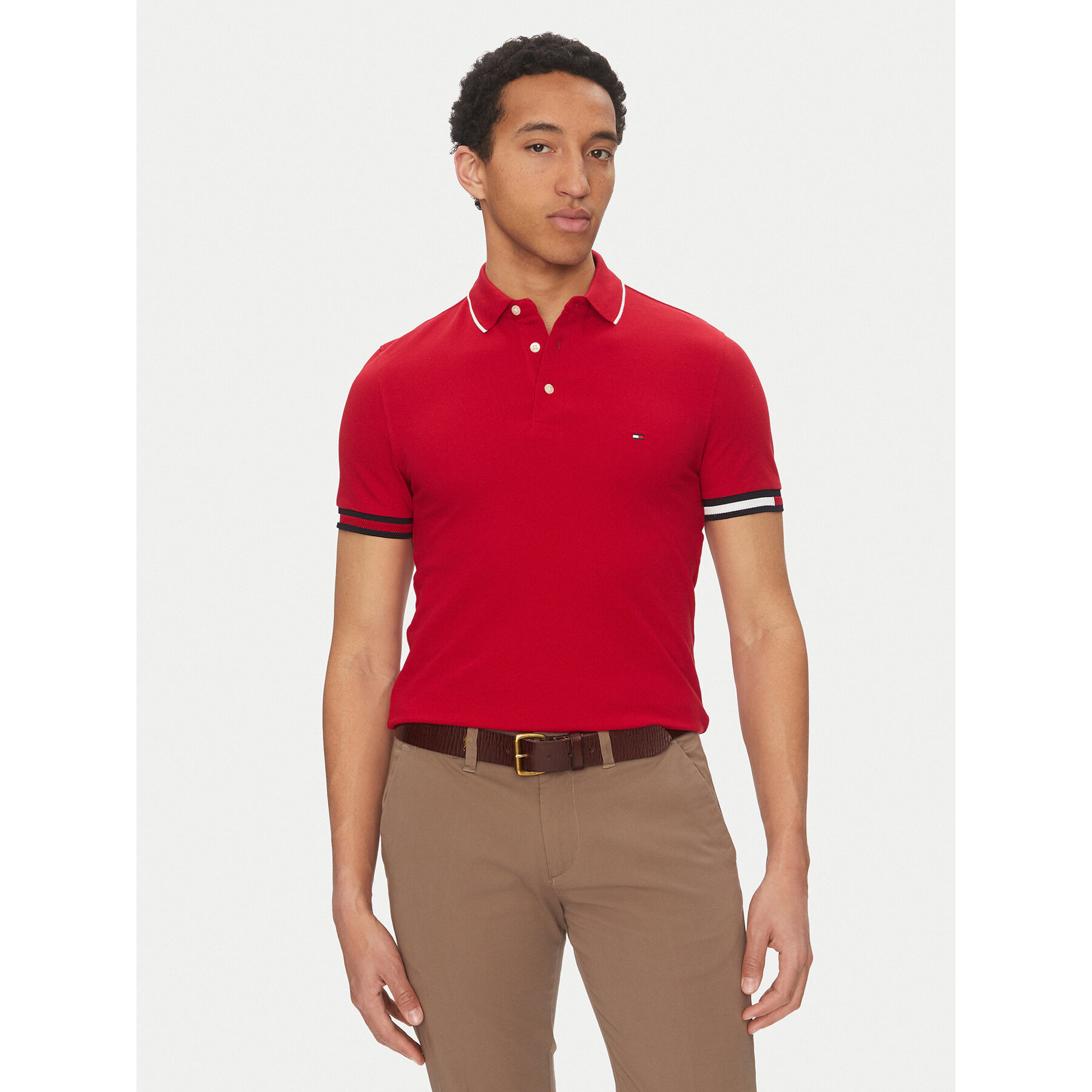 Tommy Hilfiger Pólóing Flag Cuff MW0MW38458 Piros Slim Fit