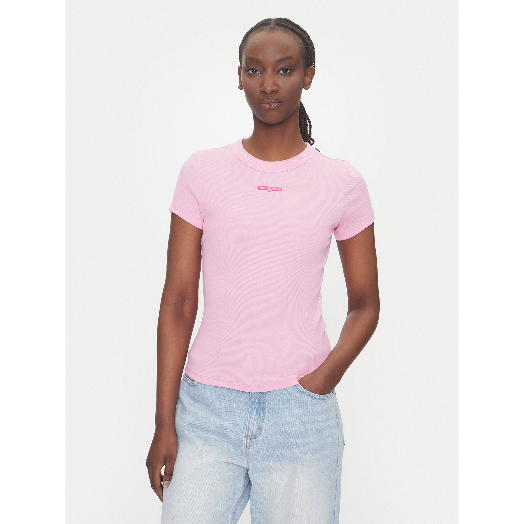 Tommy Jeans T-shirt Script Label DW0DW21402 Rosa Slim Fit