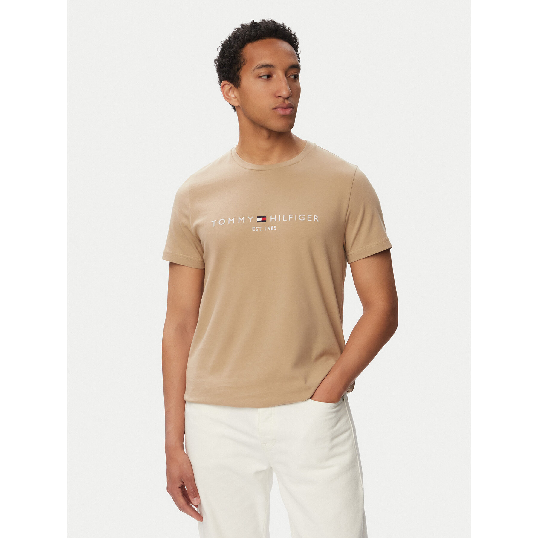 Tommy Hilfiger Majica Logo Tee MW0MW11797 Bež Slim Fit