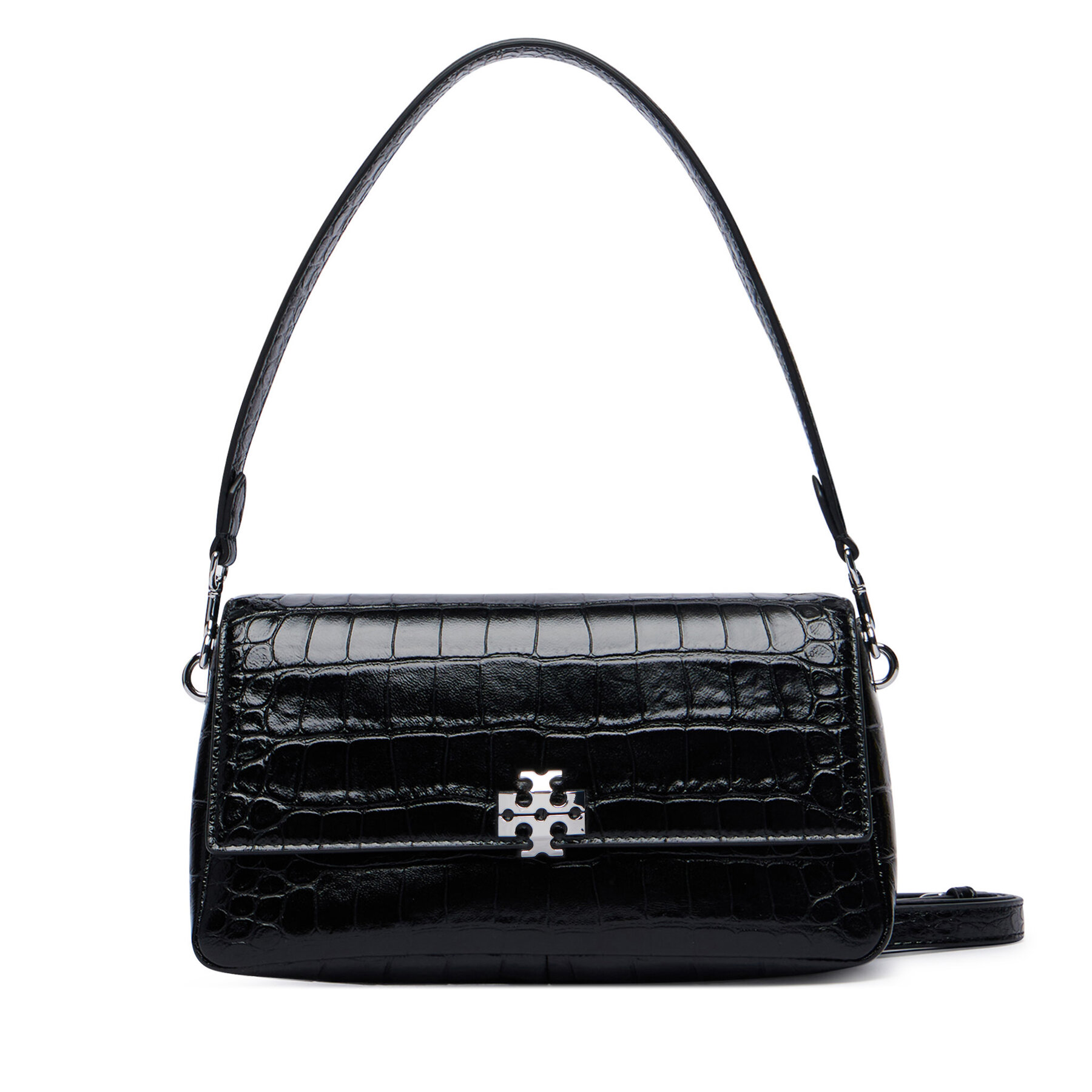 Ročna torba Tory Burch Charlie Embossed Croc Small Shoulder Bag 183522 Črna