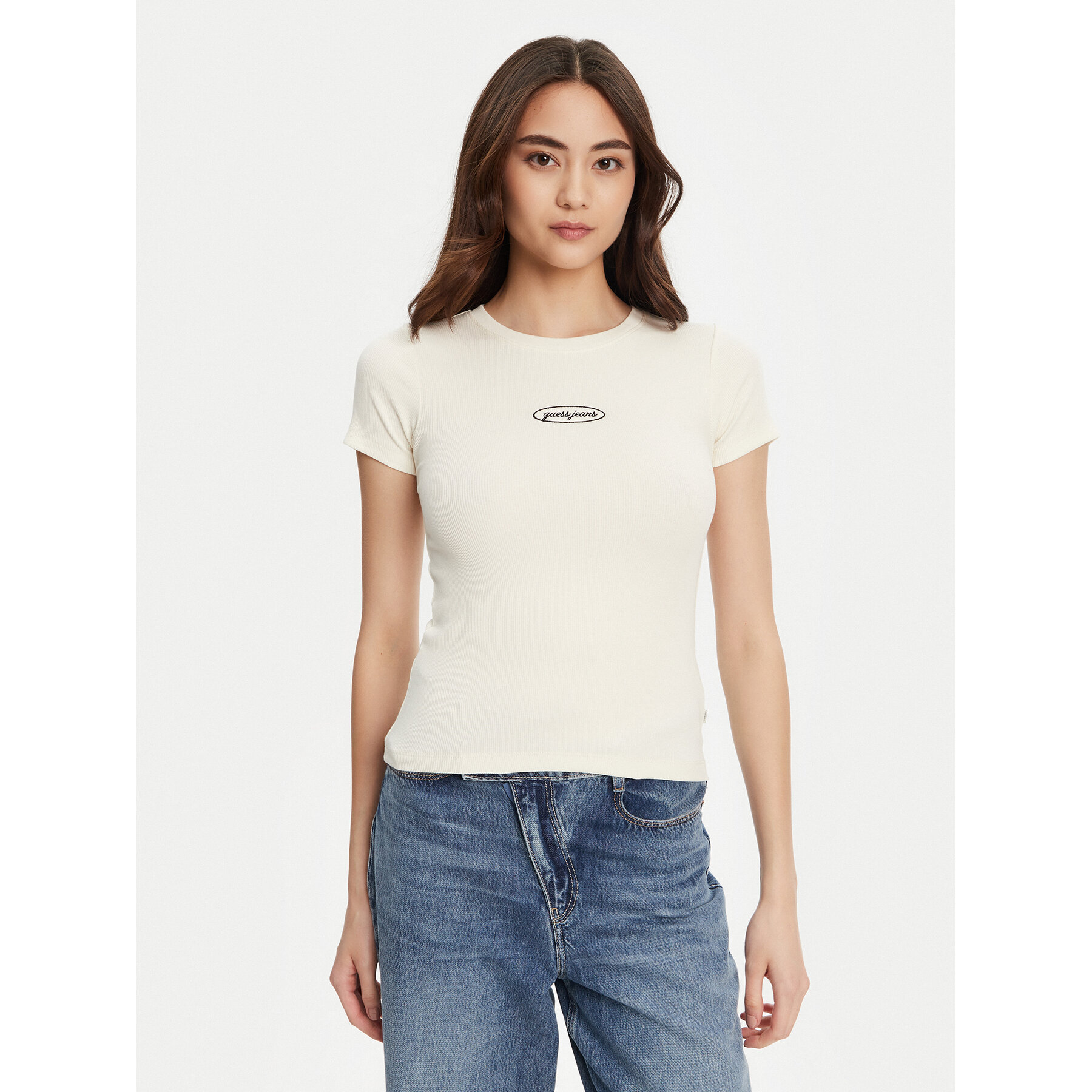 Guess Jeans Póló W5YP37 KA0H1 Ekru Slim Fit