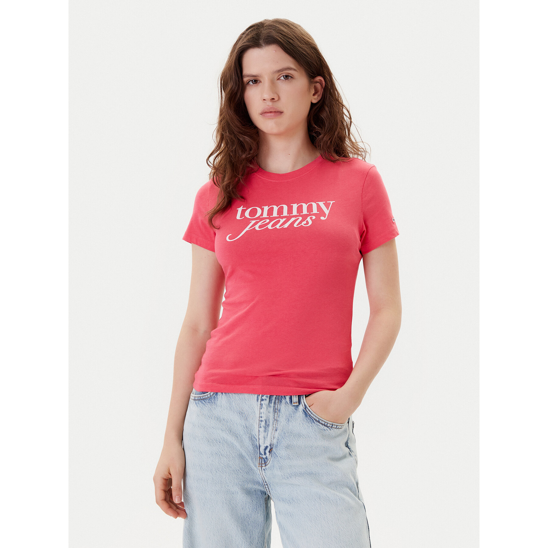Tommy Jeans Póló Essential DW0DW19447 Rózsaszín Slim Fit