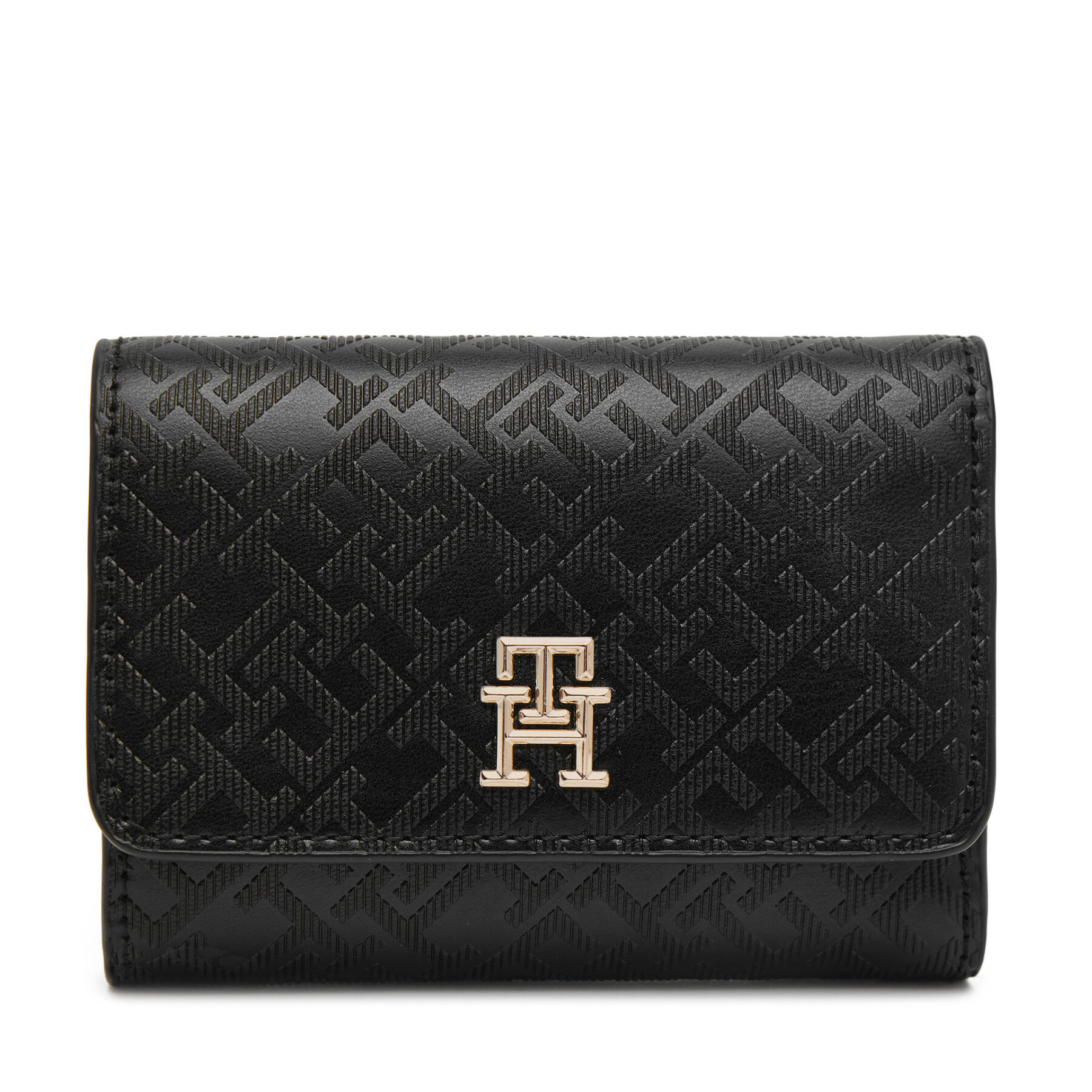 Duży Portfel Damski Tommy Hilfiger Czarny Th Distinct Trifold Wallet Mono AW0AW17257