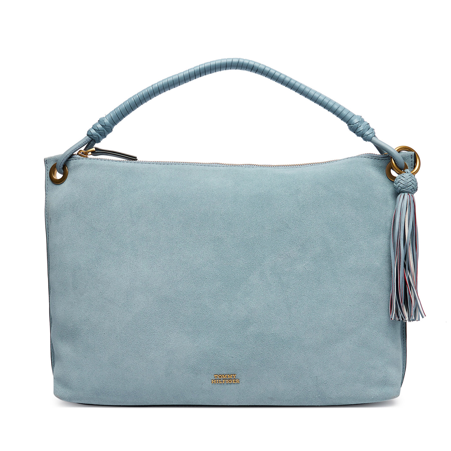 Geantă Tommy Hilfiger Th Statement Leather Bag Suede AW0AW18402 Albastru celest