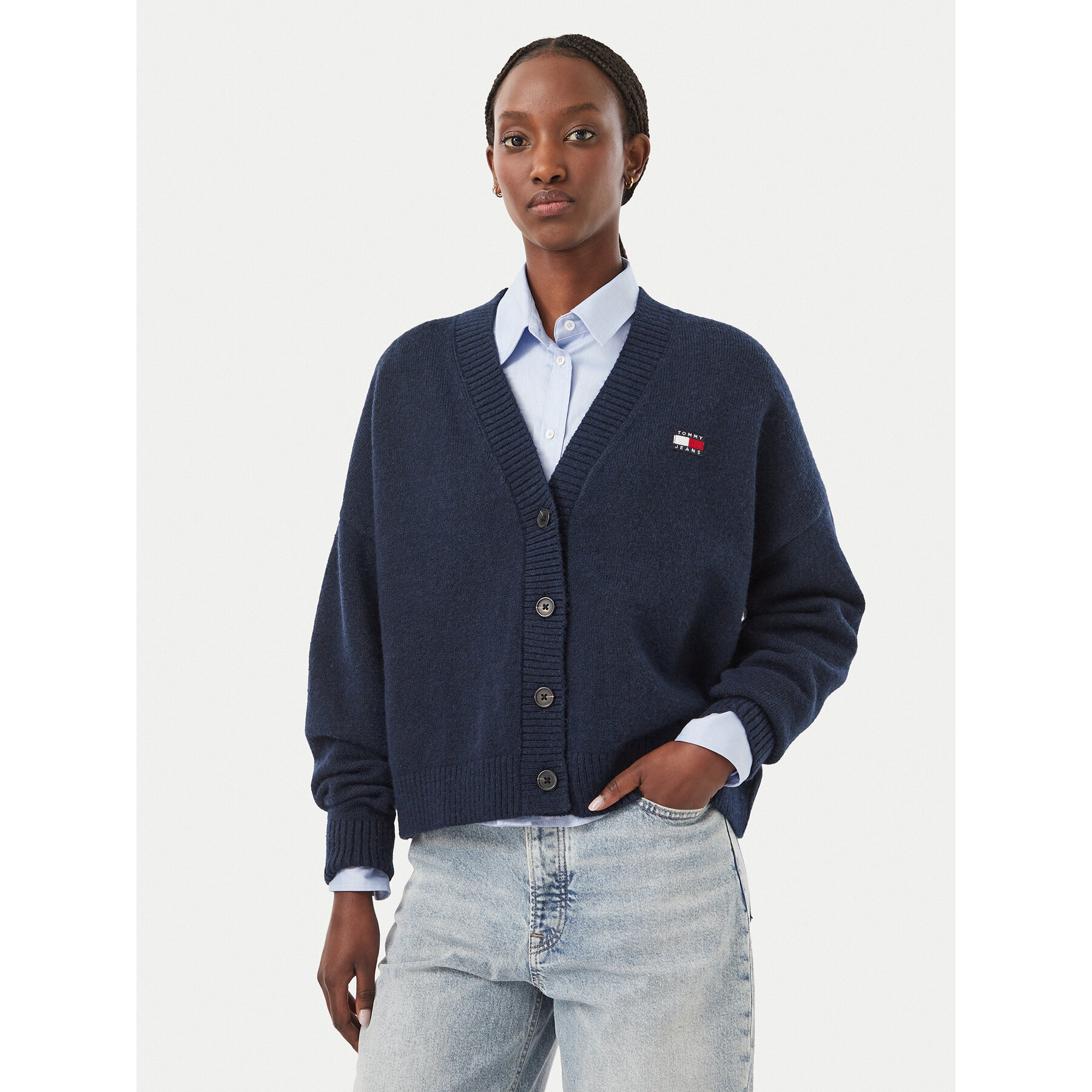 Tommy Jeans Strickjacke Fluffy Badge DW0DW23830 Dunkelblau Regular Fit