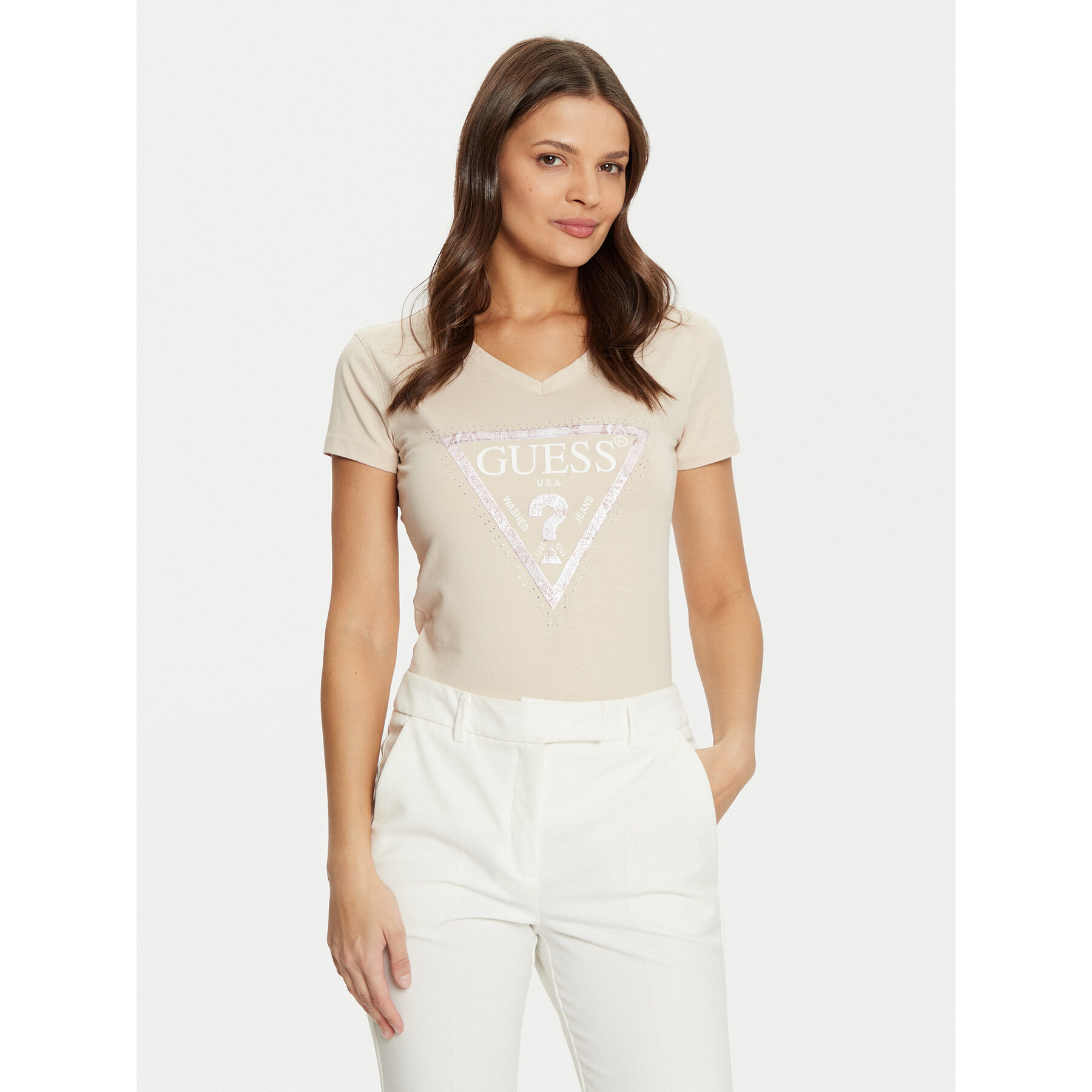 Guess T-Shirt W5RI21 J1314 Μπεζ Regular Fit