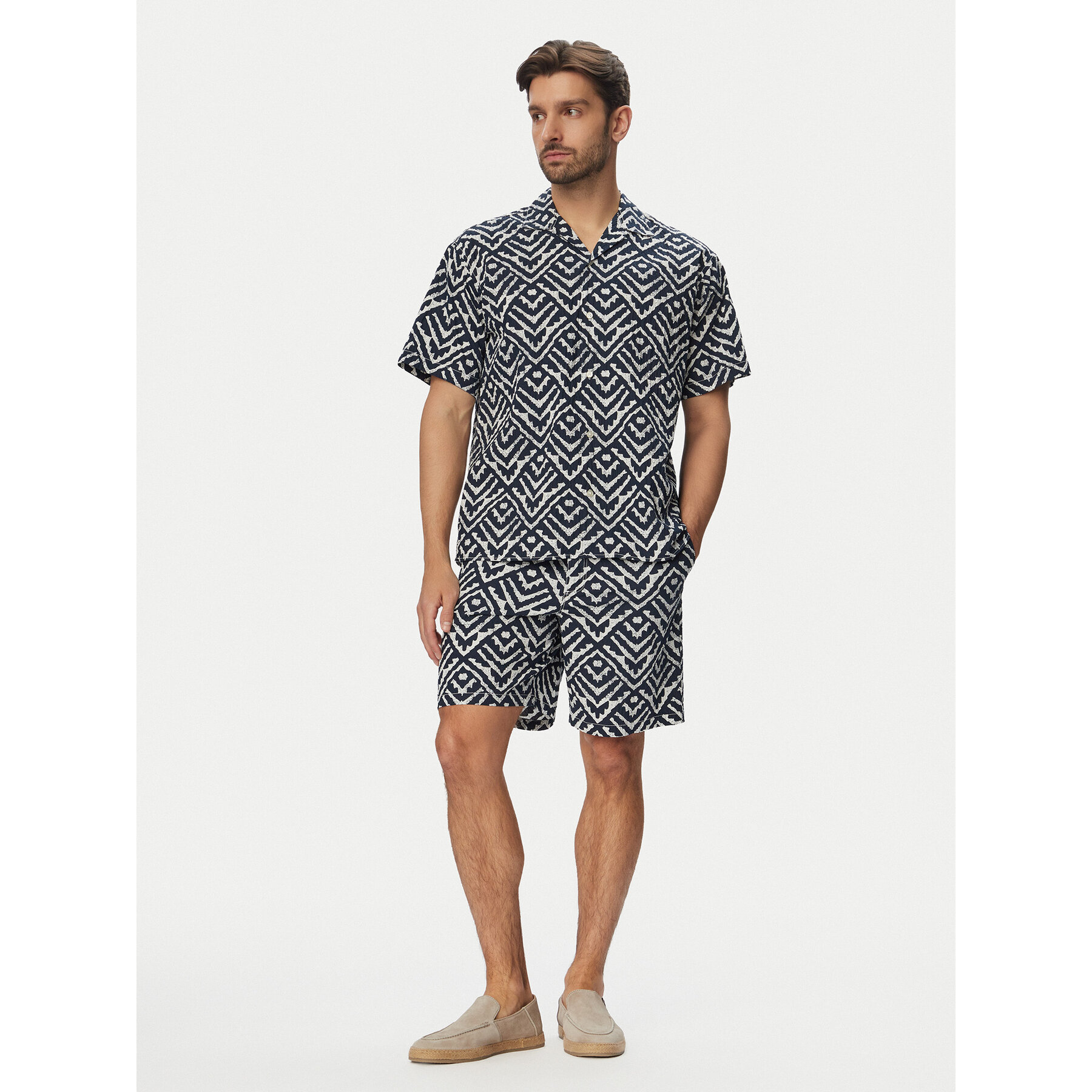 Jack & Jones Set Hemd und Stoffshorts Milo Seersucker Resort 12297829 Dunkelblau Loose Fit