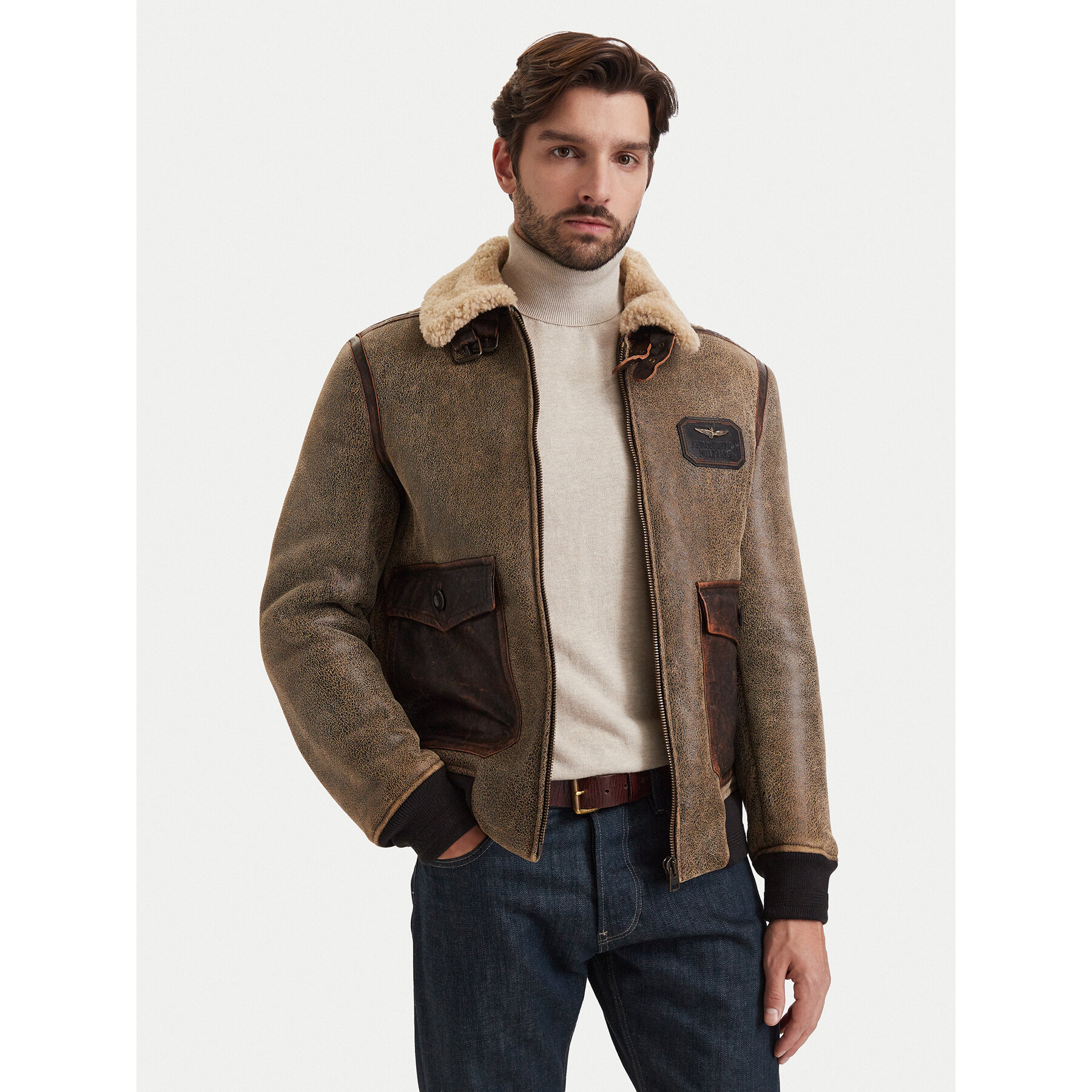 Aeronautica Militare Lederjacke 262PN0165U100876 Braun Regular Fit