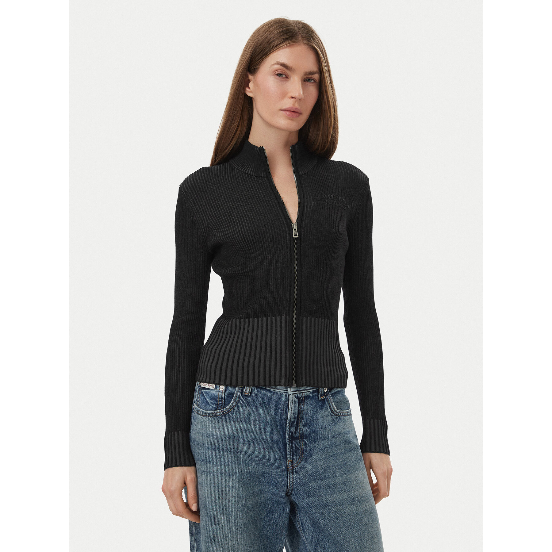 Guess Jeans Strickjacke W6BR05 Z1248 Schwarz Slim Fit