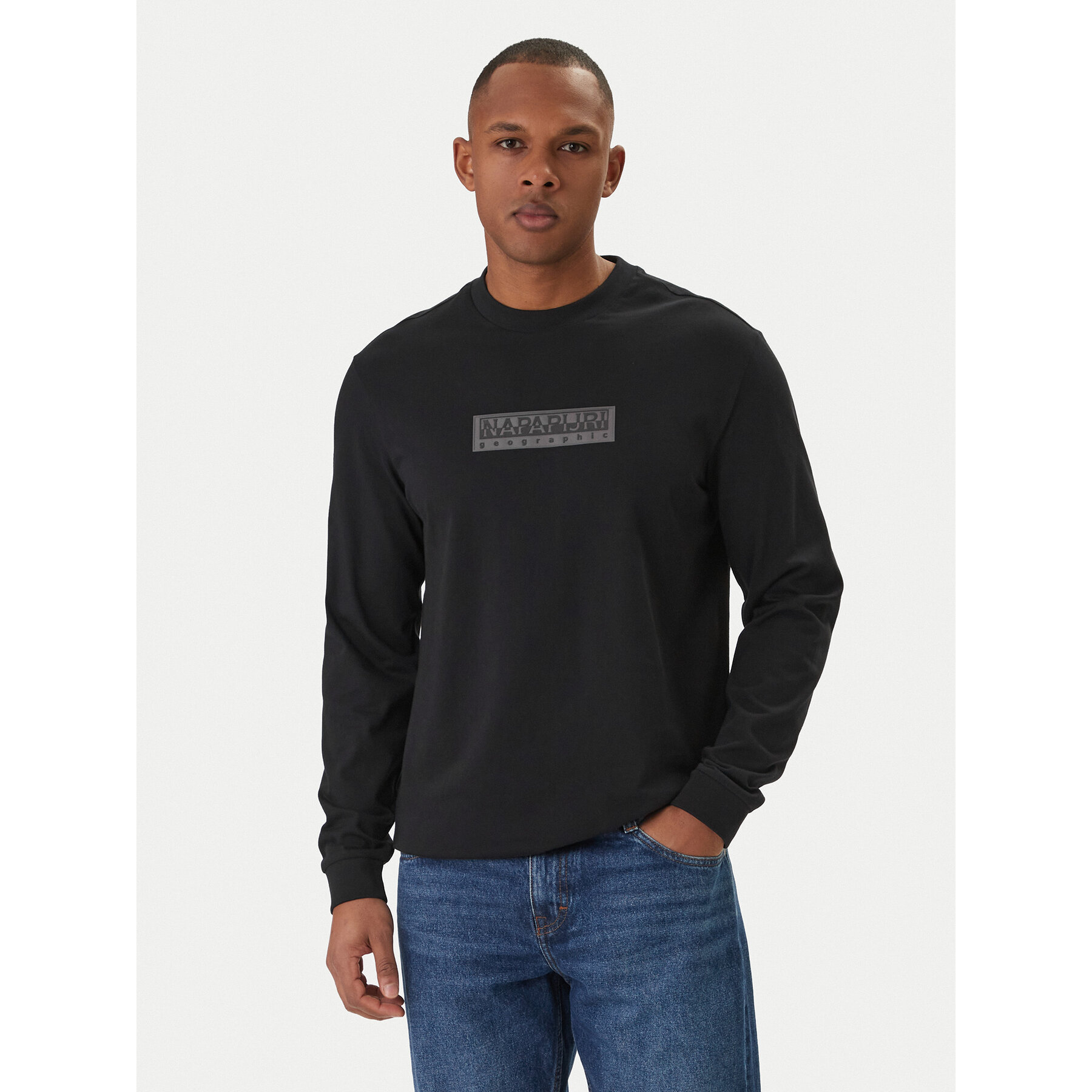 Napapijri Majica dugih rukava S-Box Logo NP0A8BC5 Crna Regular Fit