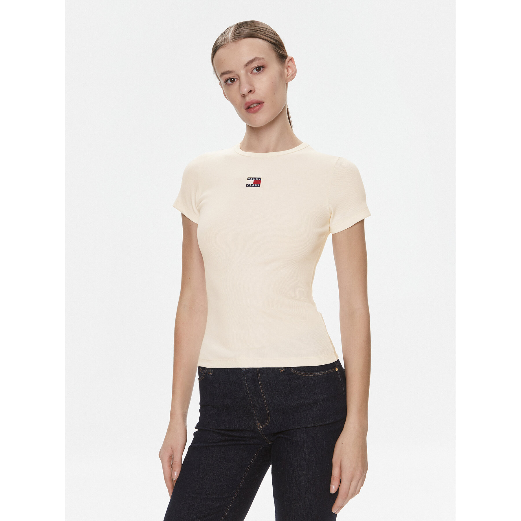 Tommy Jeans Póló Badge DW0DW17881 Krém Slim Fit