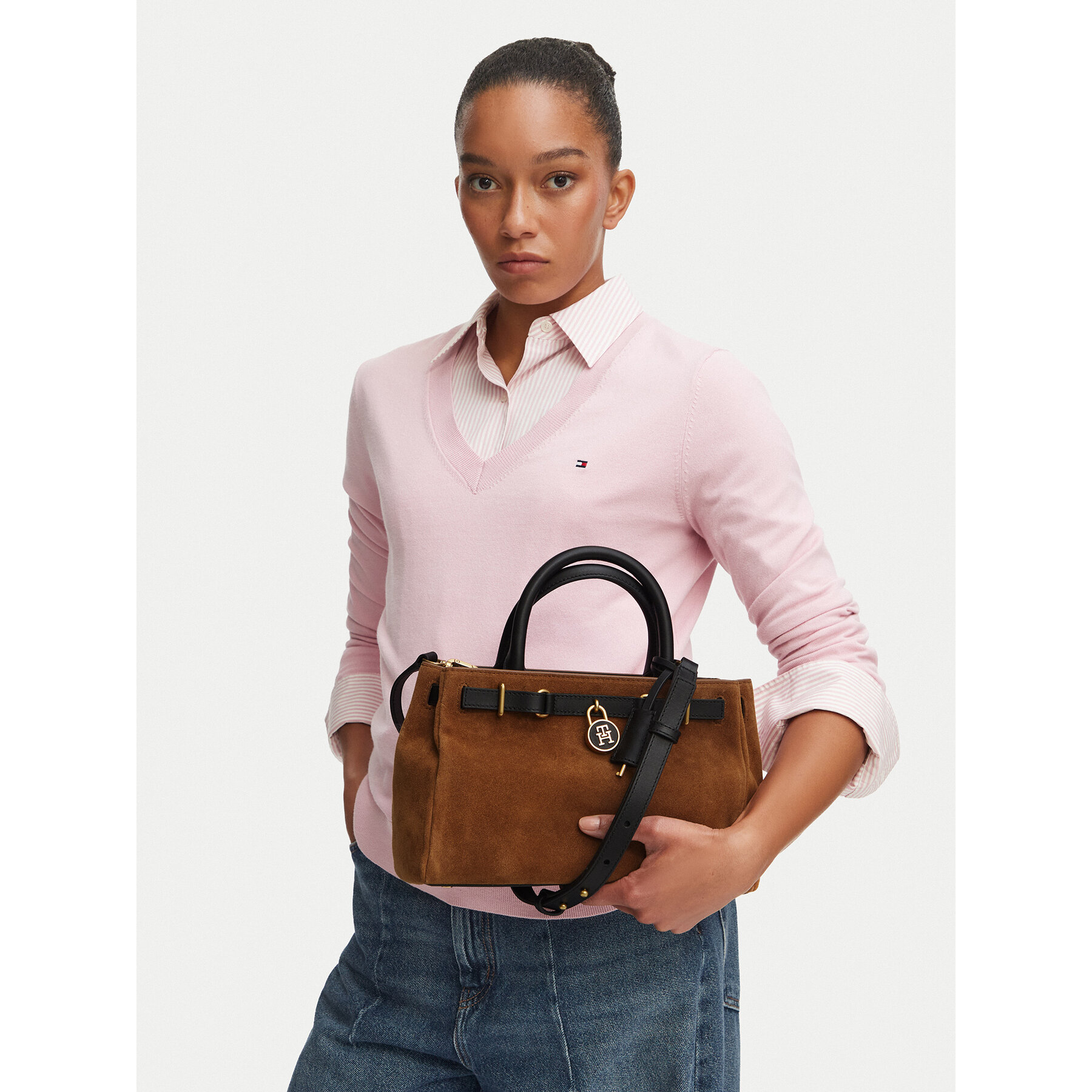 Geantă Tommy Hilfiger American Icon Mini Tote Suede Le AW0AW18202 Maro deschis