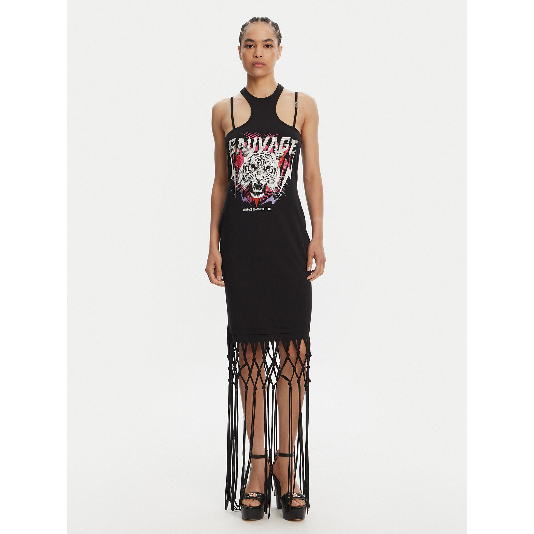 Versace Jeans Couture Kleid für den Alltag Logo Fringes 78HAOE01 CJ02E Schwarz Regular Fit