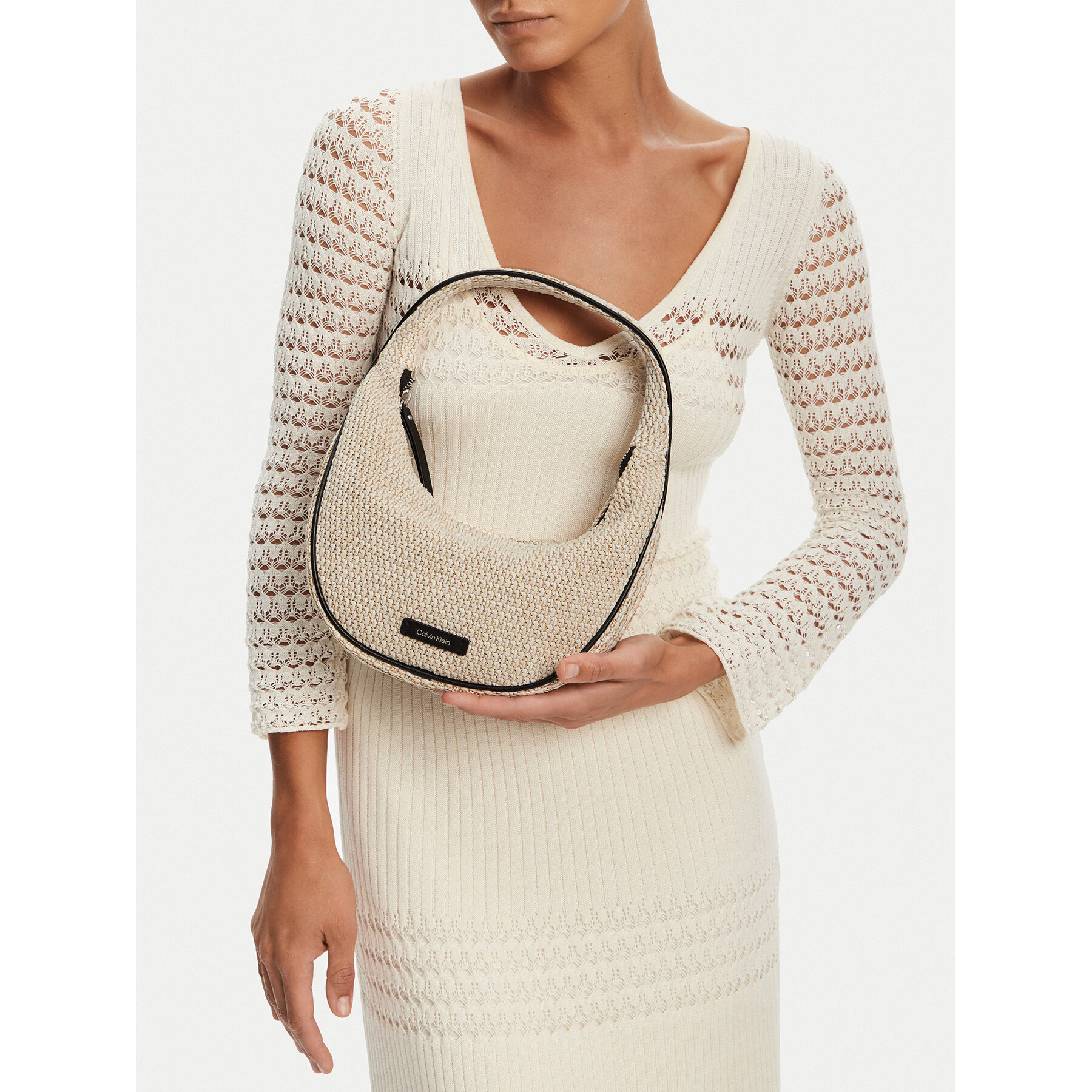 Geantă Calvin Klein Pinched Raffia Medium Shoulder B LV04F3079G Bej