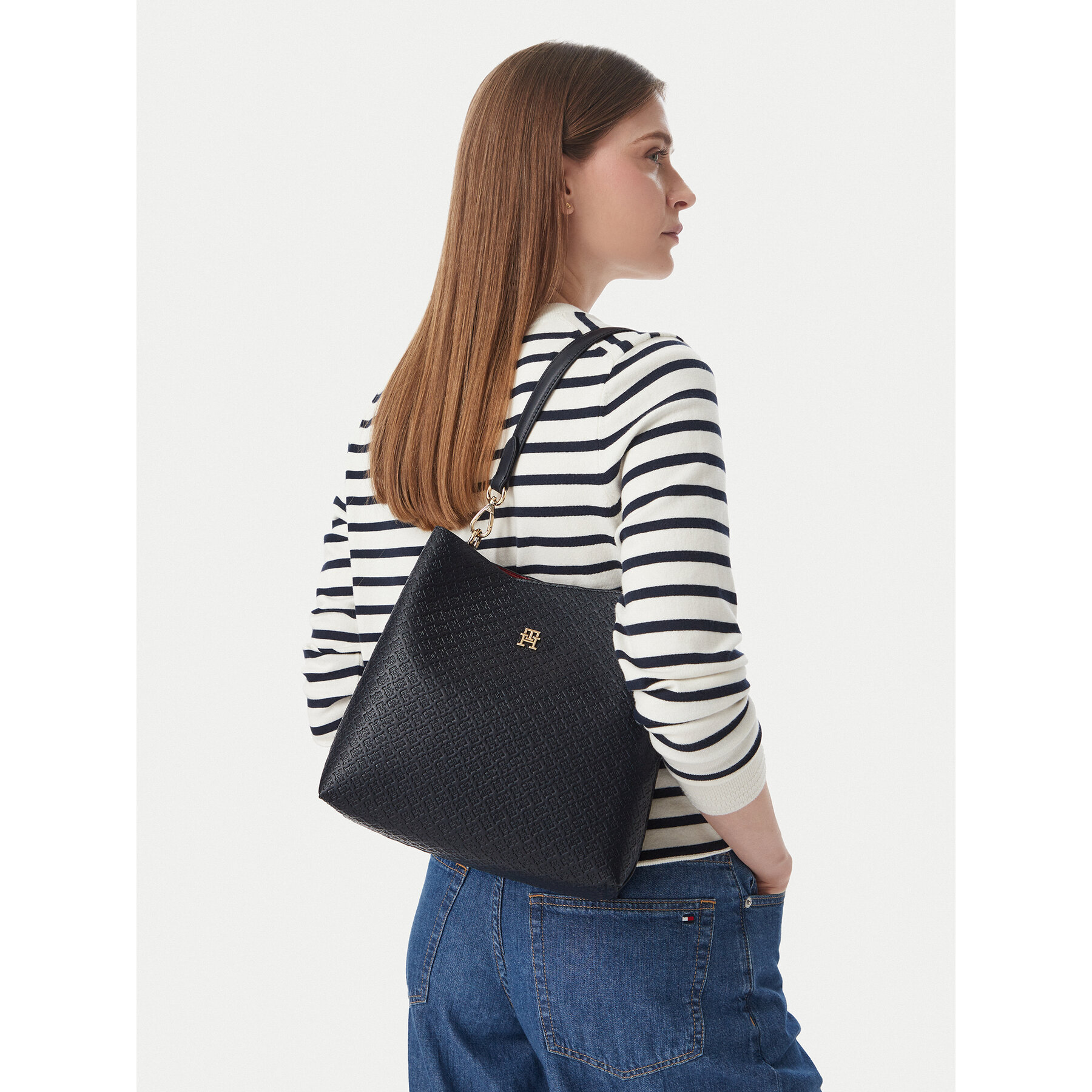 Geantă Tommy Hilfiger Th Icon Shoulder Bag Mono AW0AW19000 Bleumarin