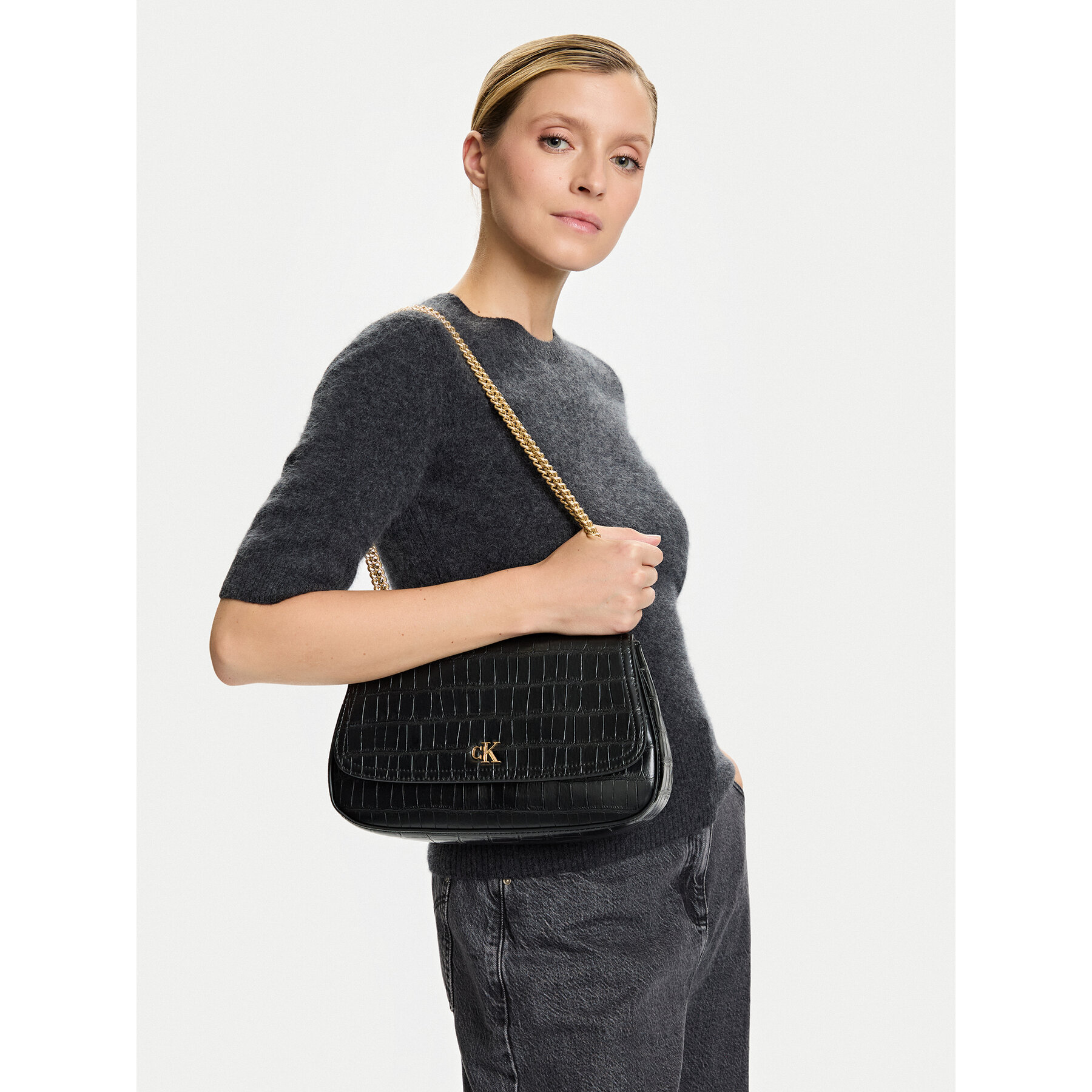 Geantă Calvin Klein Ck Croc Conv Chain Medium Bag LV04F3284G Negru