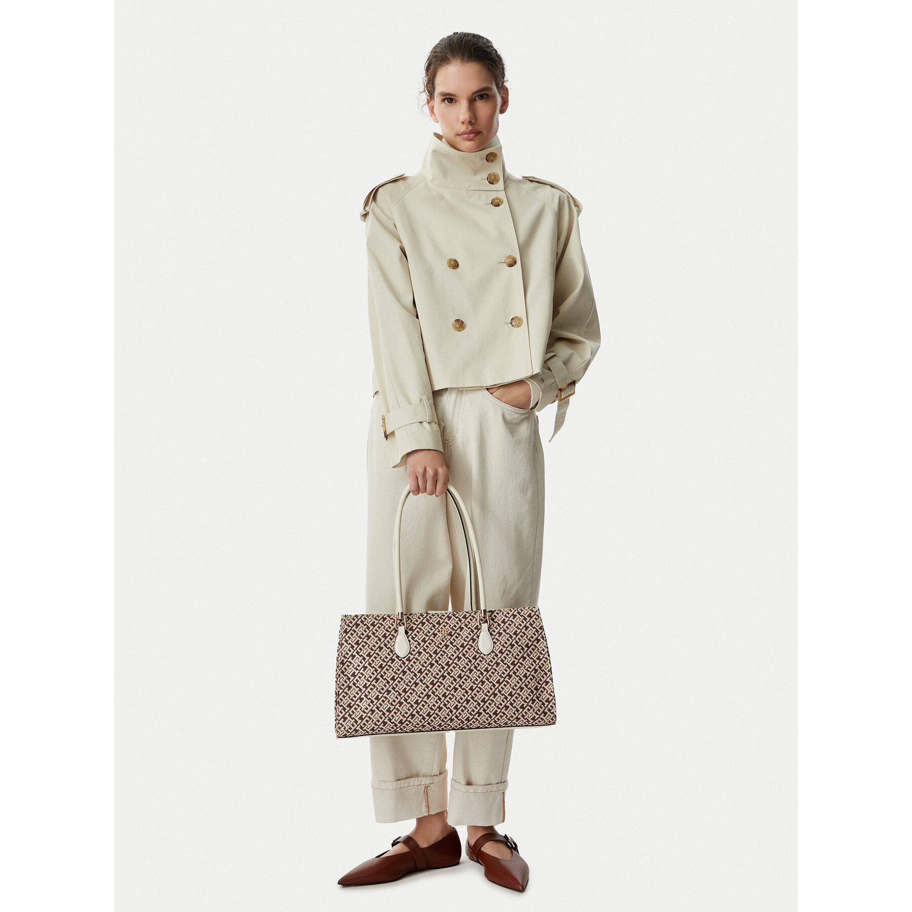 Ročna torba Tommy Hilfiger Th Grace Satchel Jacquard AW0AW18754 Rjava