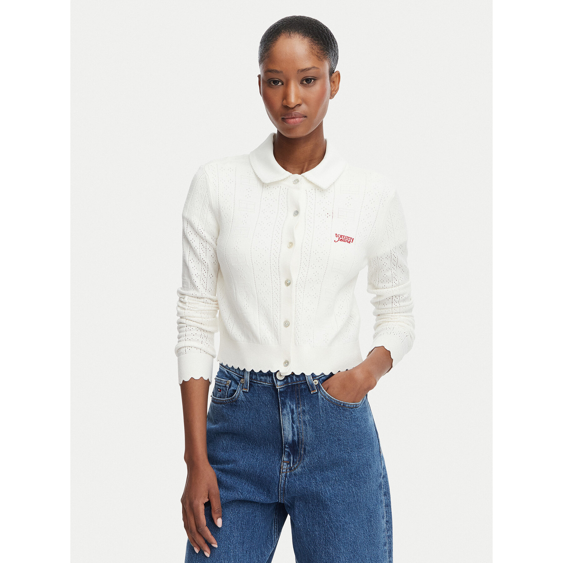 Tommy Jeans Strickjacke Pointelle DW0DW22931 Weiß Regular Fit