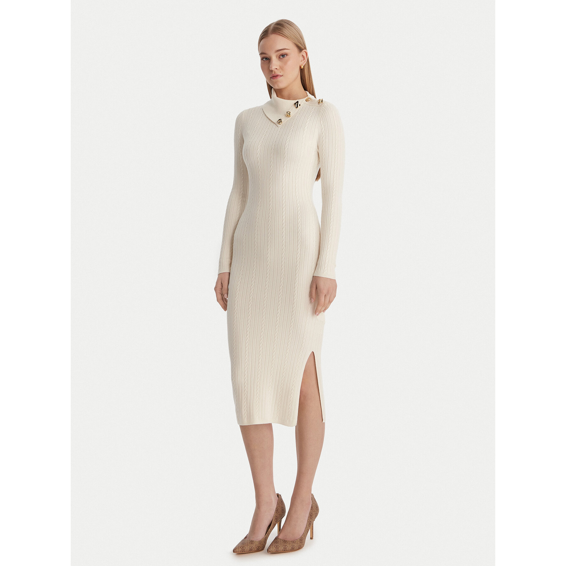 Guess Strickkleid W6RK01 Z2YJ2 Écru Regular Fit