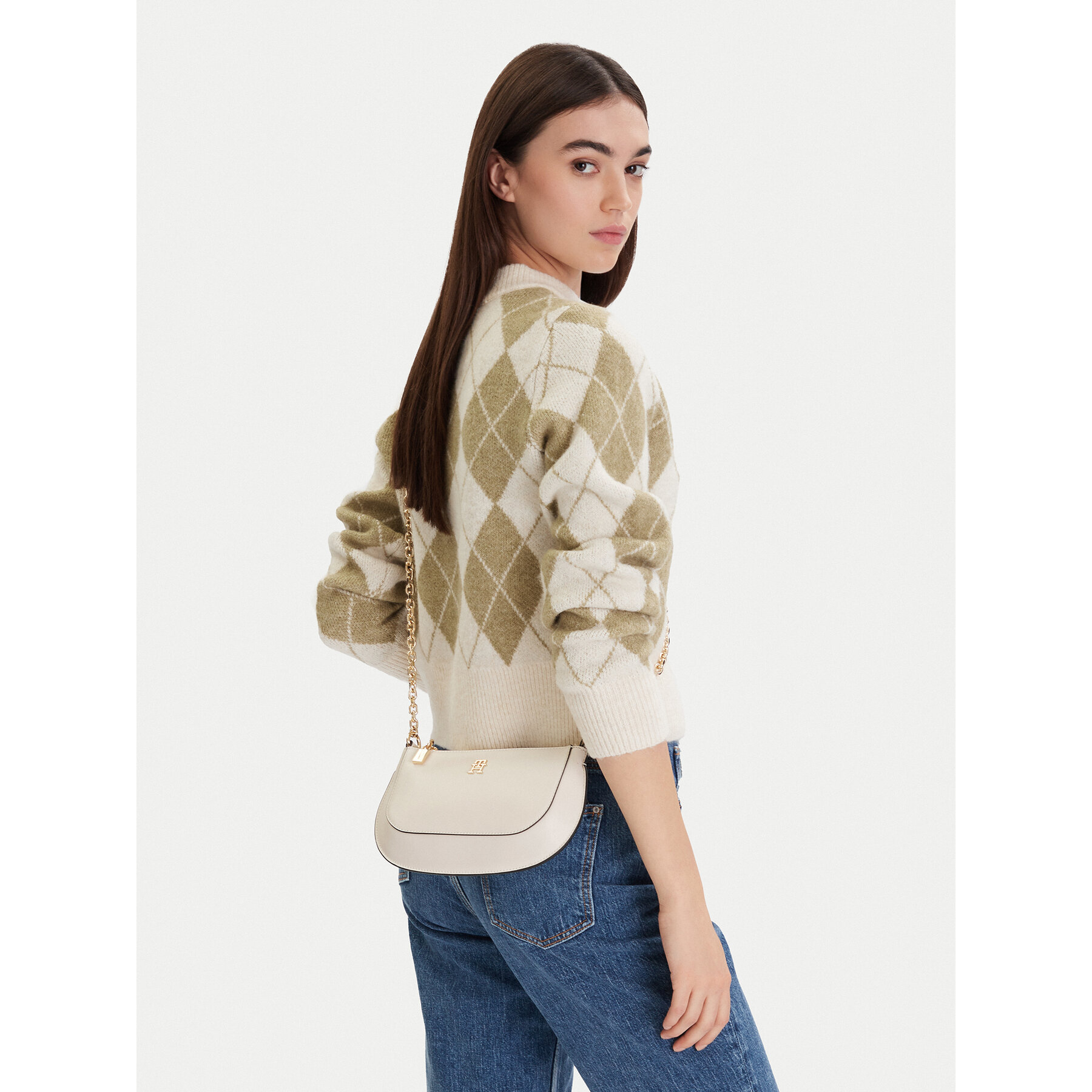 Geantă Tommy Hilfiger Th Glam Mini Chain Crossover AW0AW18142 Écru