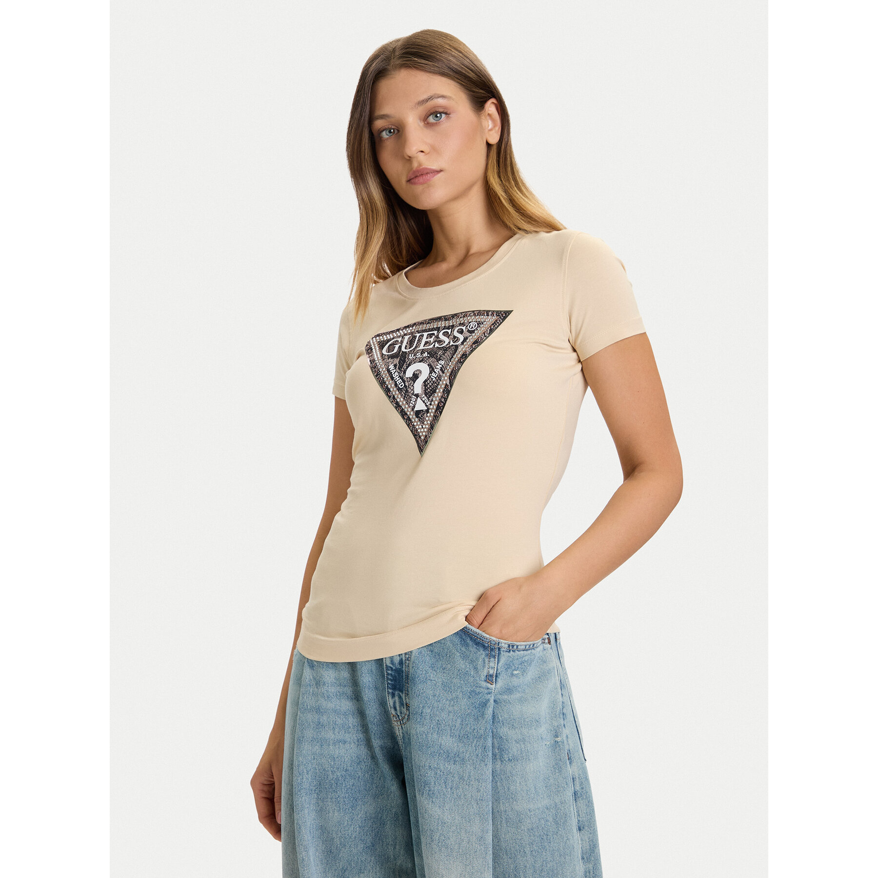 Guess T-Shirt W5BI15 J1314 Ανοιχτό μπεζ Slim Fit