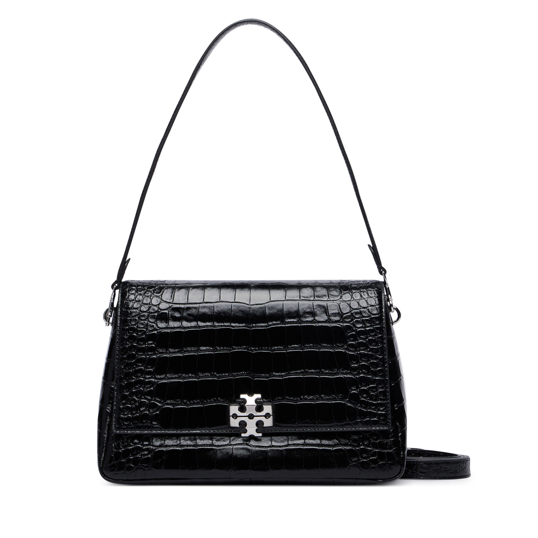 Ročna torba Tory Burch Charlie Embossed Croc Shoulder Bag 183354 Črna