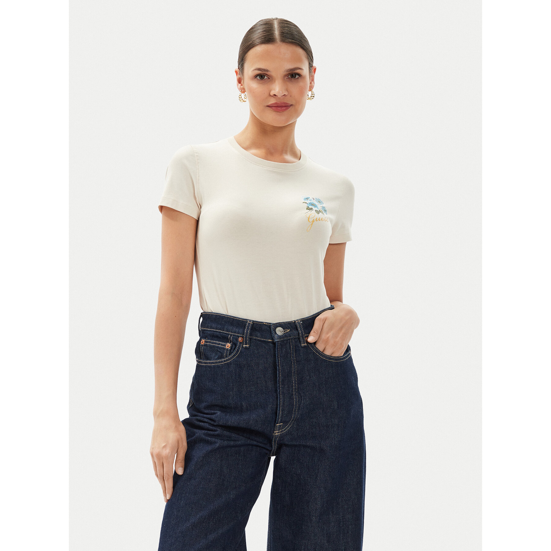 Guess T-Shirt Flowers W4YI30 J1314 Κίτρινο Slim Fit