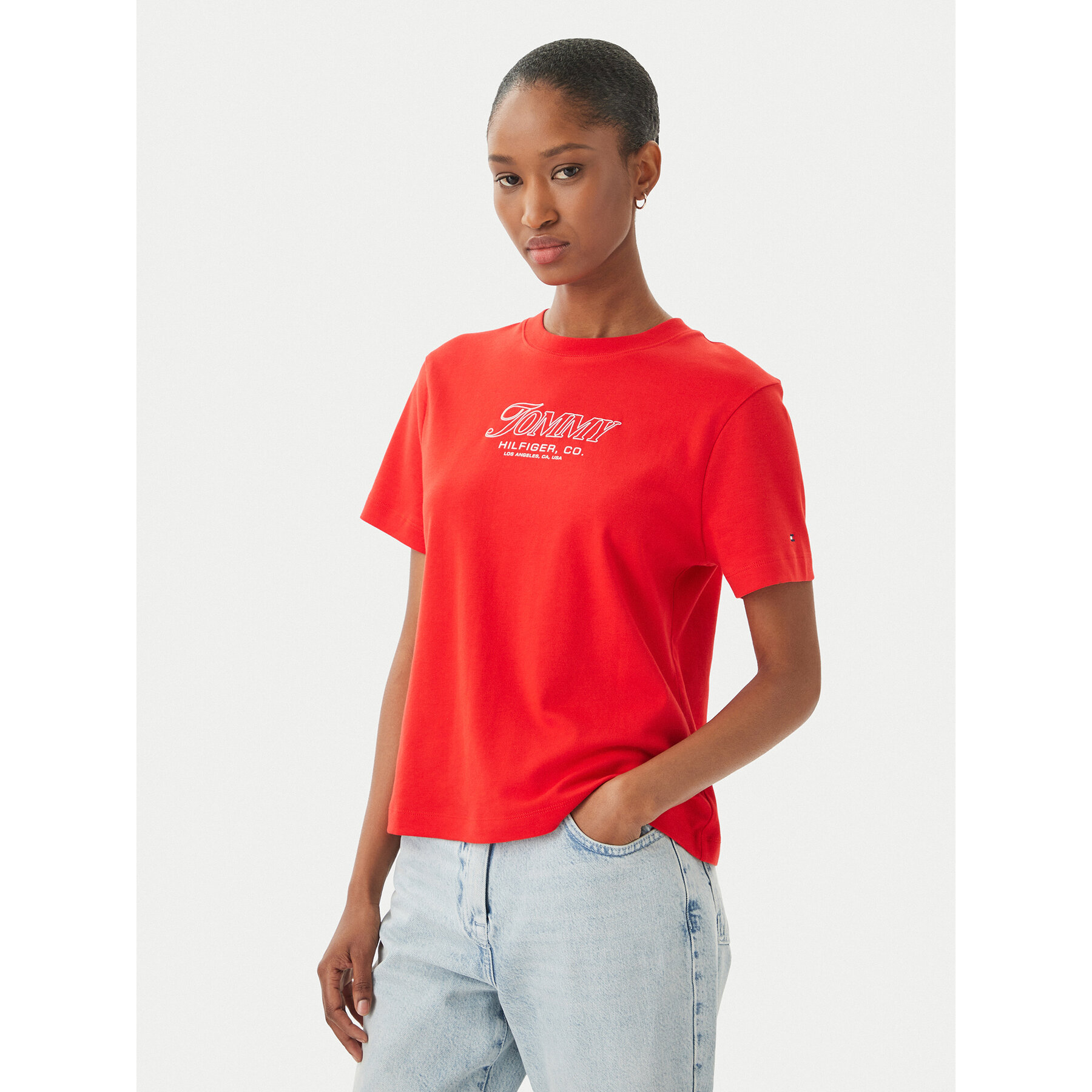 Tommy Hilfiger T-Shirt Logo Interlock WW0WW48707 Rot Regular Fit