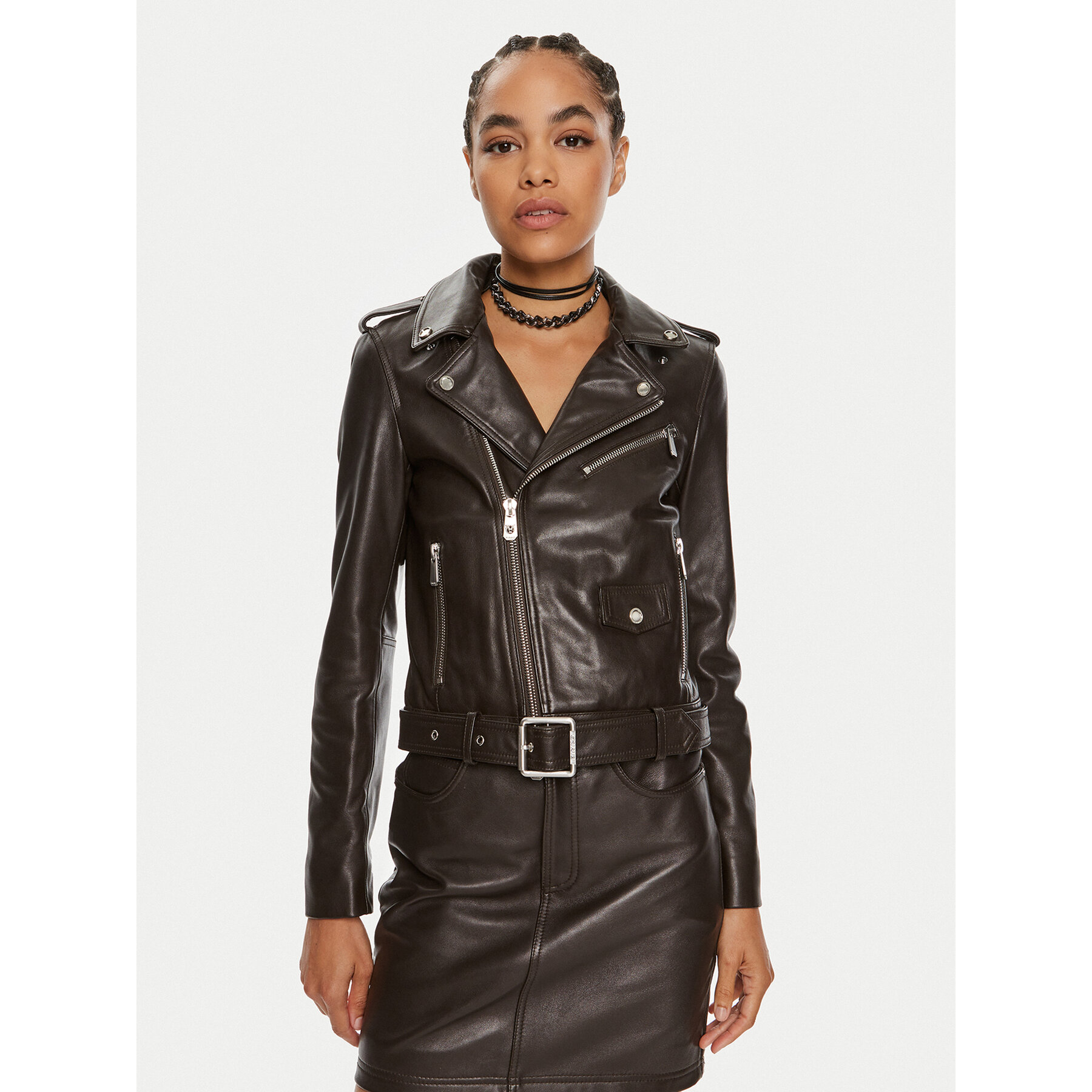 Pinko Lederjacke Costa Rica 103897 A21L Braun Regular Fit