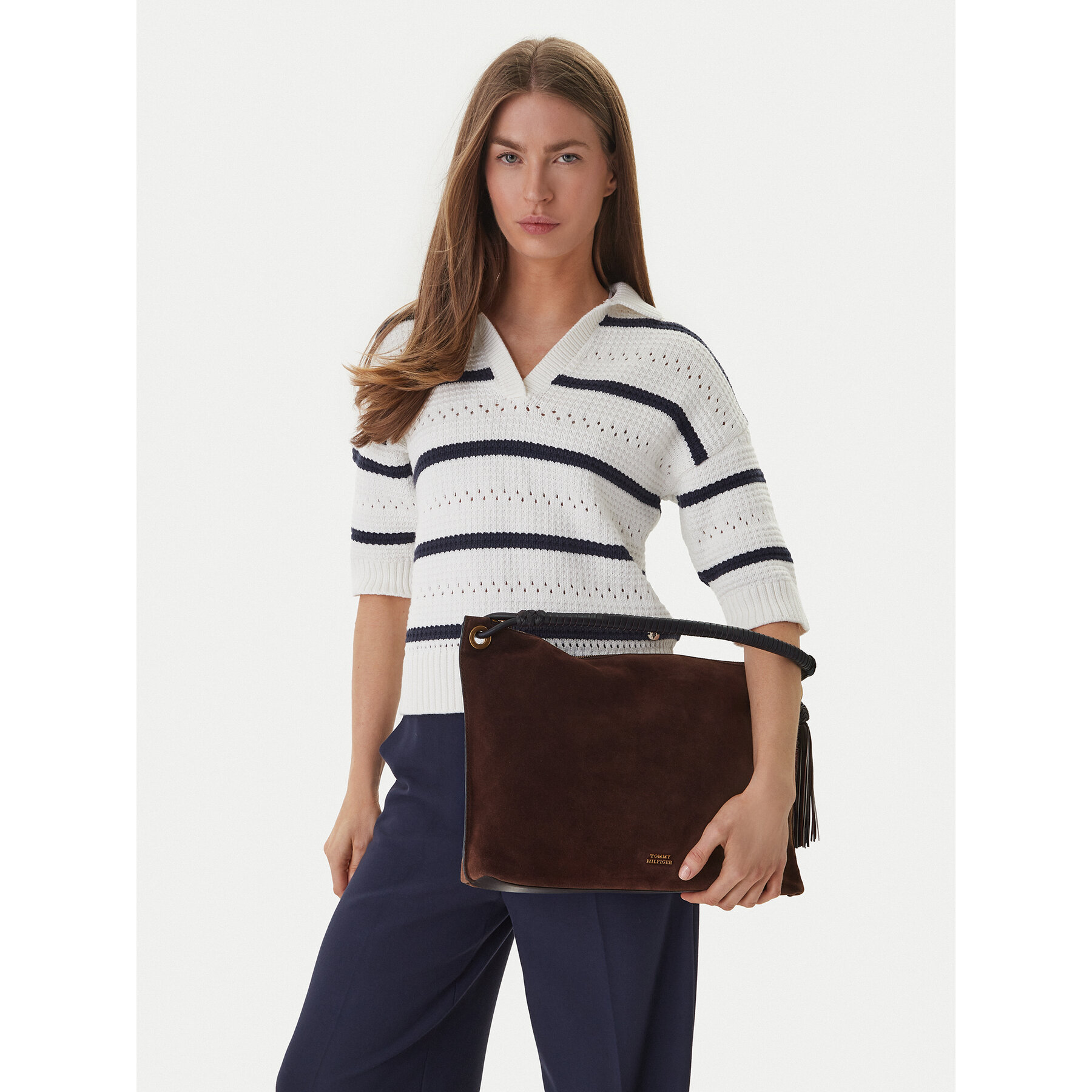 Geantă Tommy Hilfiger Th Statement Leather Bag Suede AW0AW18402 Maro