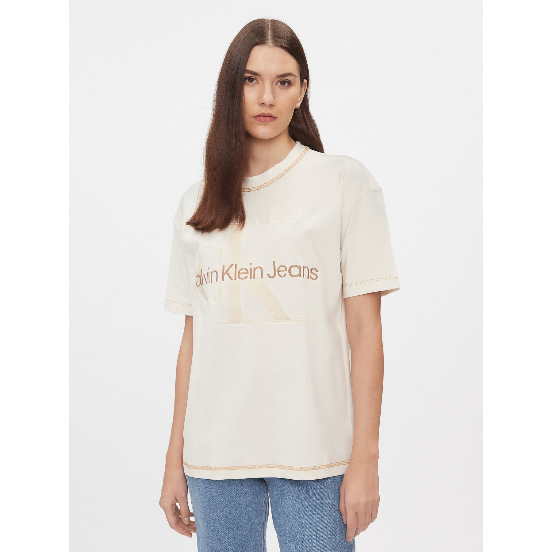 Calvin Klein Jeans T-Shirt Hero Monologo J20J222974 Εκρού Boyfriend Fit