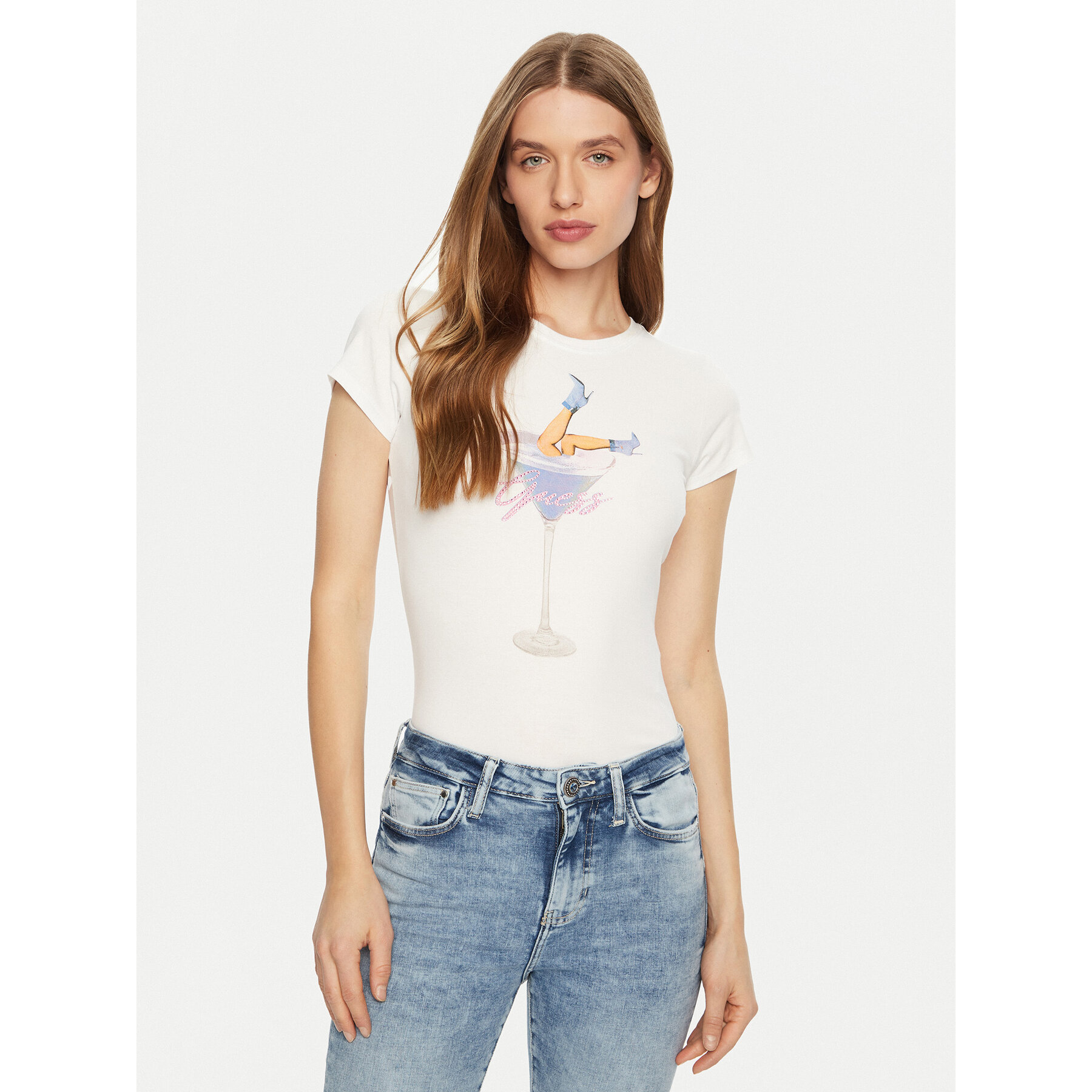 Guess Marškinėliai W5RI29 KA0Q1 Balta Regular Fit