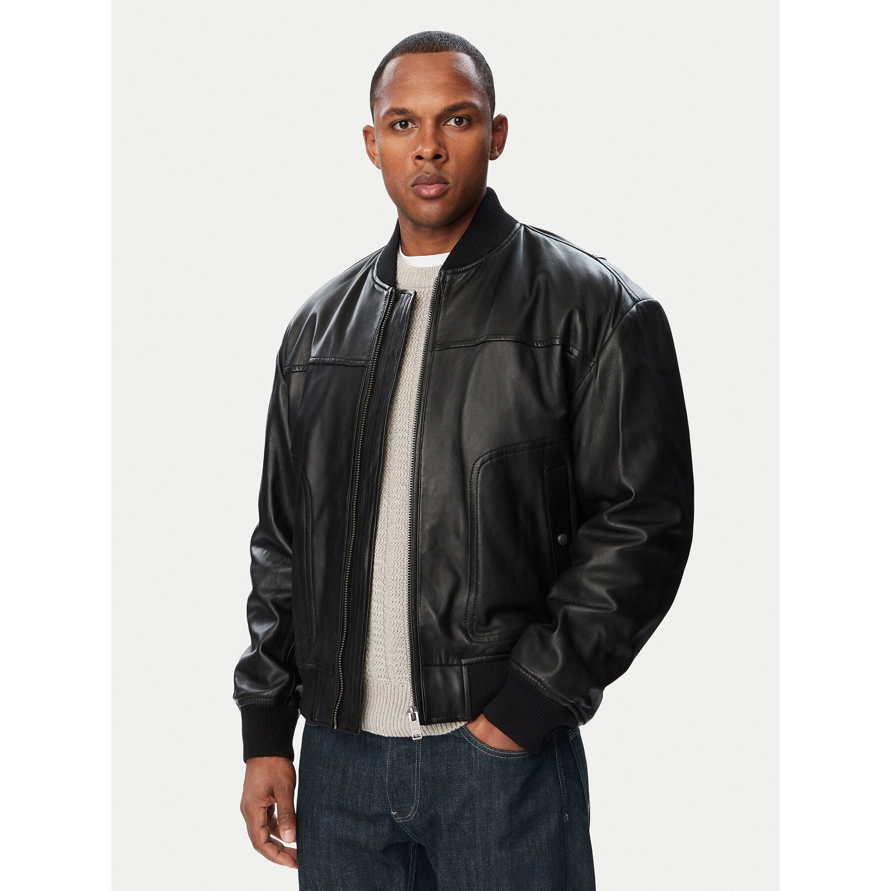 BOSS Lederjacke 50566568 Schwarz Regular Fit