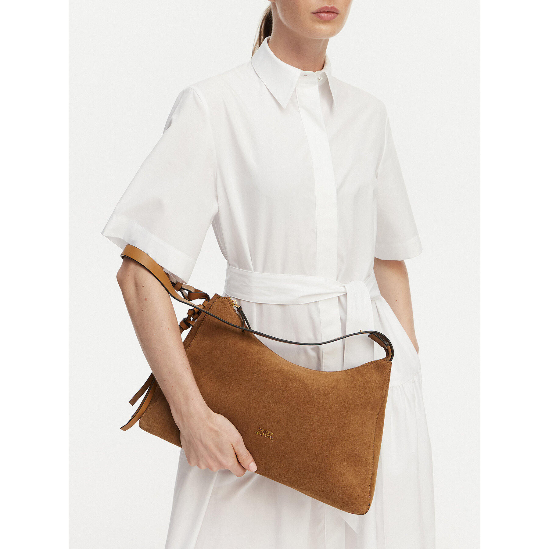 Geantă Tommy Hilfiger Th Statement Shoulder Bag Suede AW0AW18824 Maro
