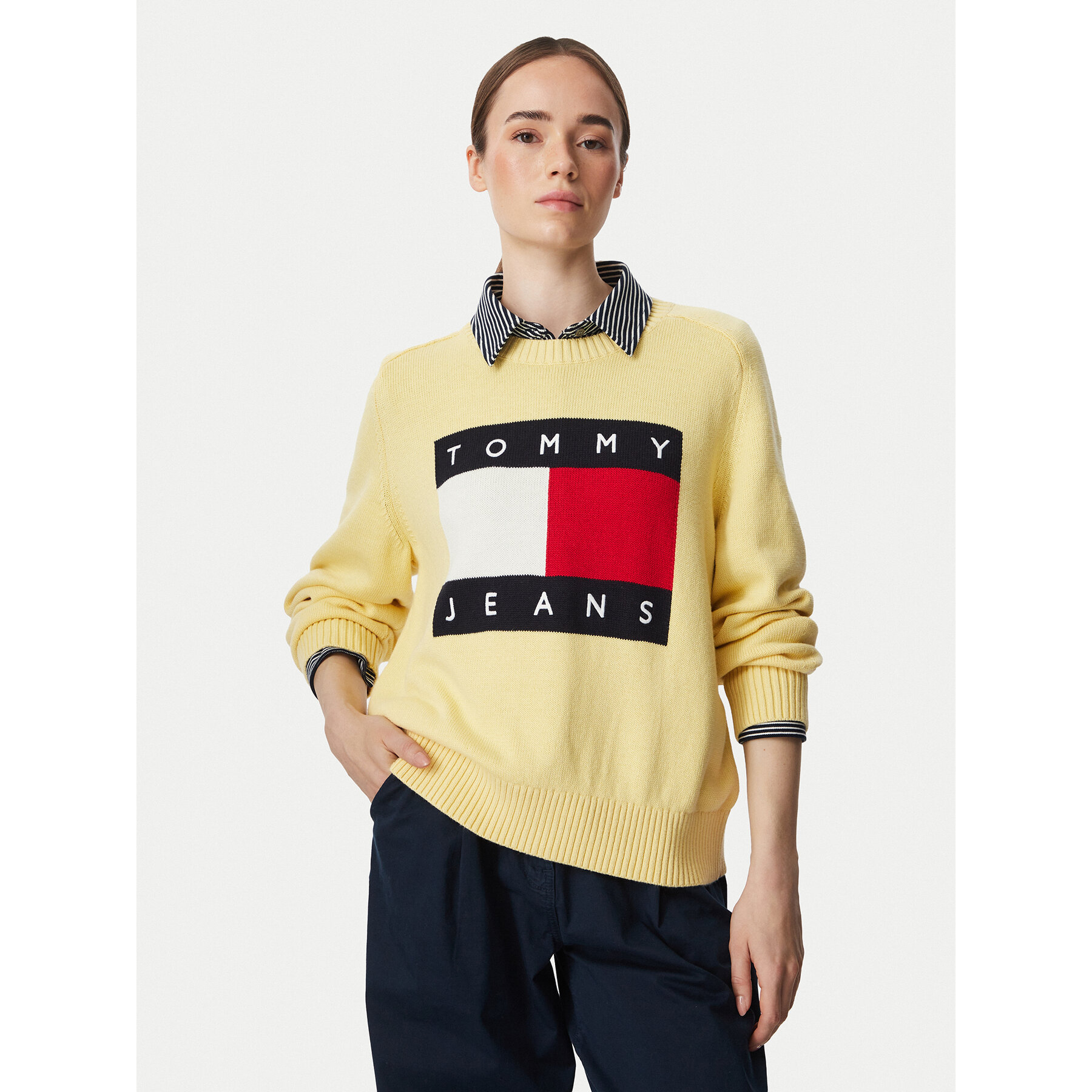 Tommy Jeans Pullover Flag DW0DW23450 Hellgelb Regular Fit