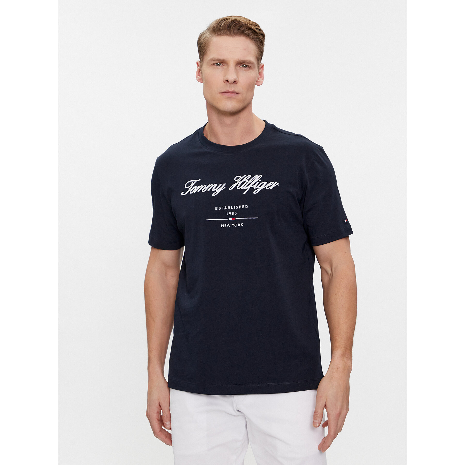 Tommy Hilfiger Marškinėliai Script Logo Tee MW0MW33691 Tamsiai mėlyna Regular Fit