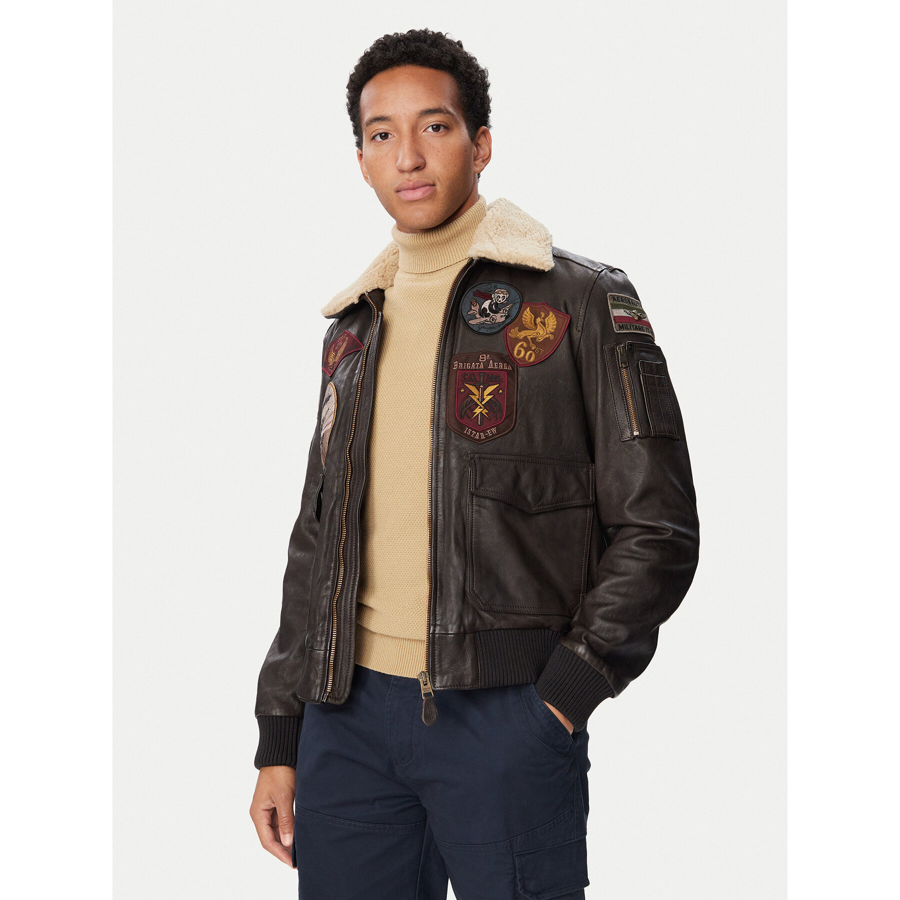 Aeronautica Militare Lederjacke 262PN0968U100839 Dunkelbeige Regular Fit