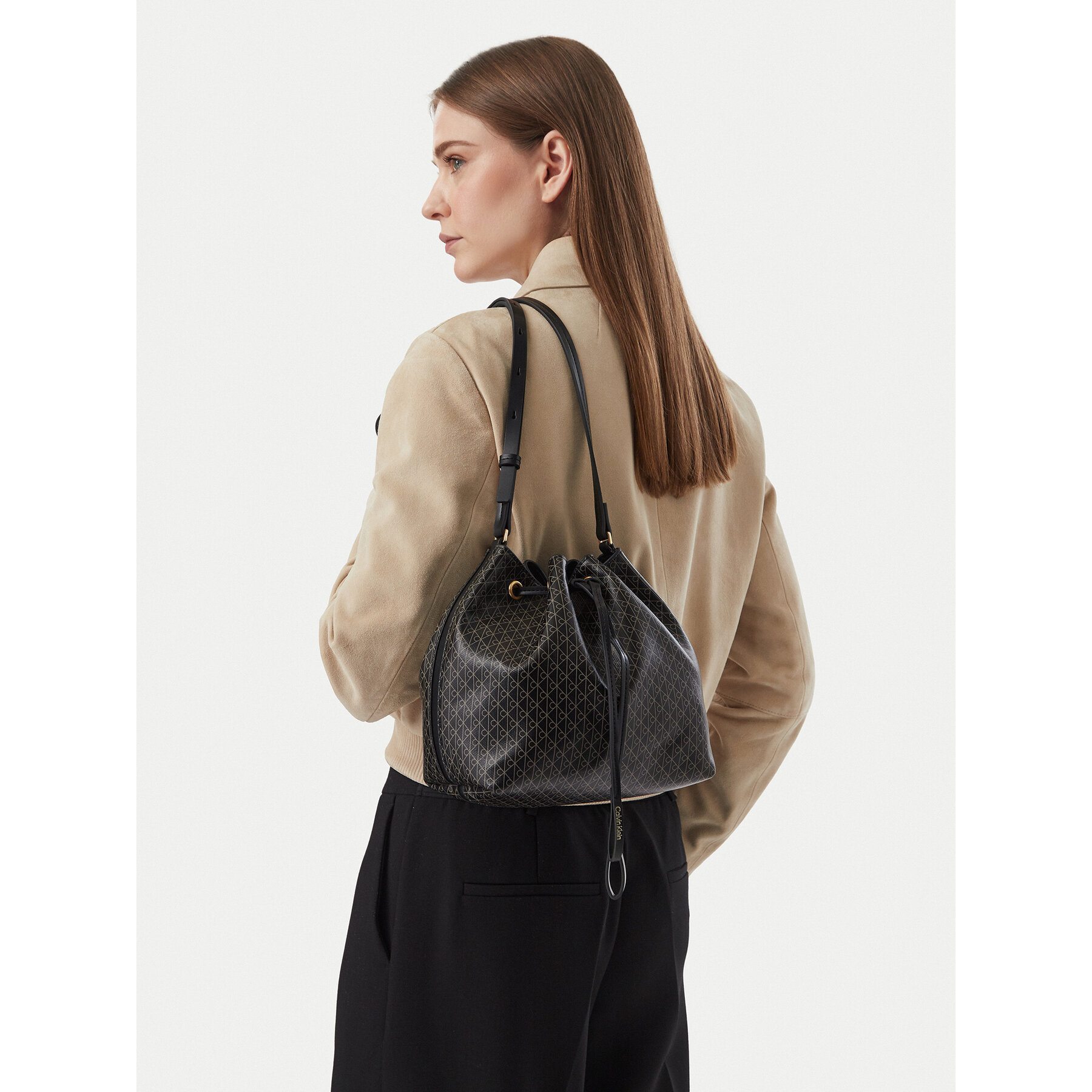 Geantă Calvin Klein Emblem Aop Drawstring Bucket LV04F3785G Negru