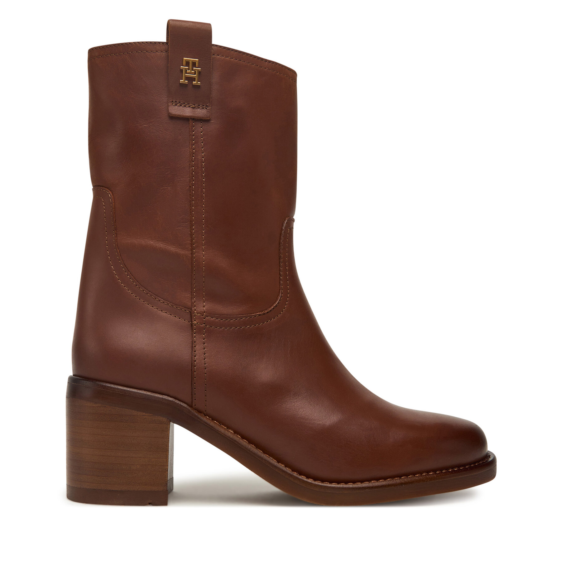 Členková obuv Tommy Hilfiger Riding Lthr Mid Boot Block Heel FW0FW08776 Hnedá