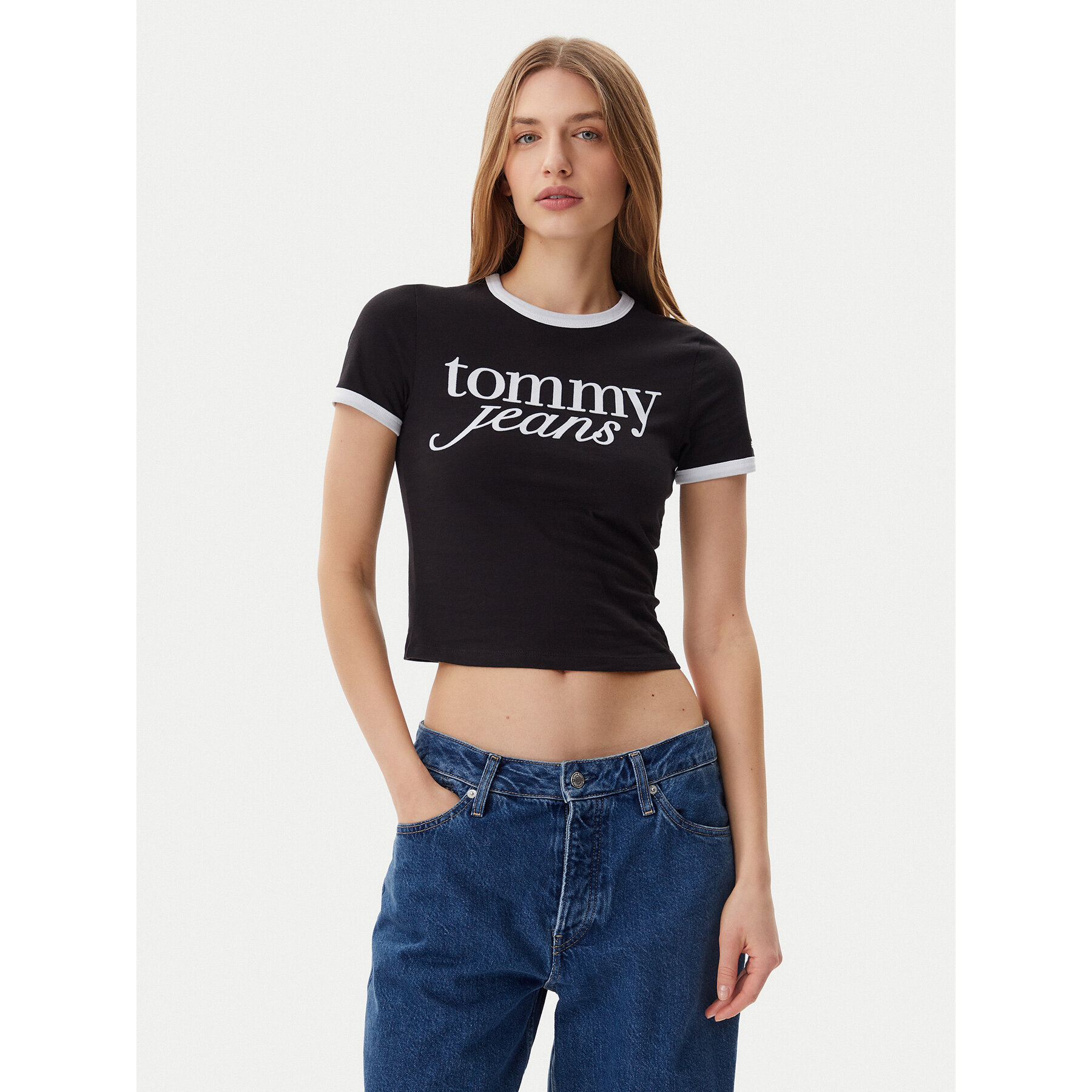 Tommy Jeans Póló Script Ringer DW0DW20631 Fekete Slim Fit
