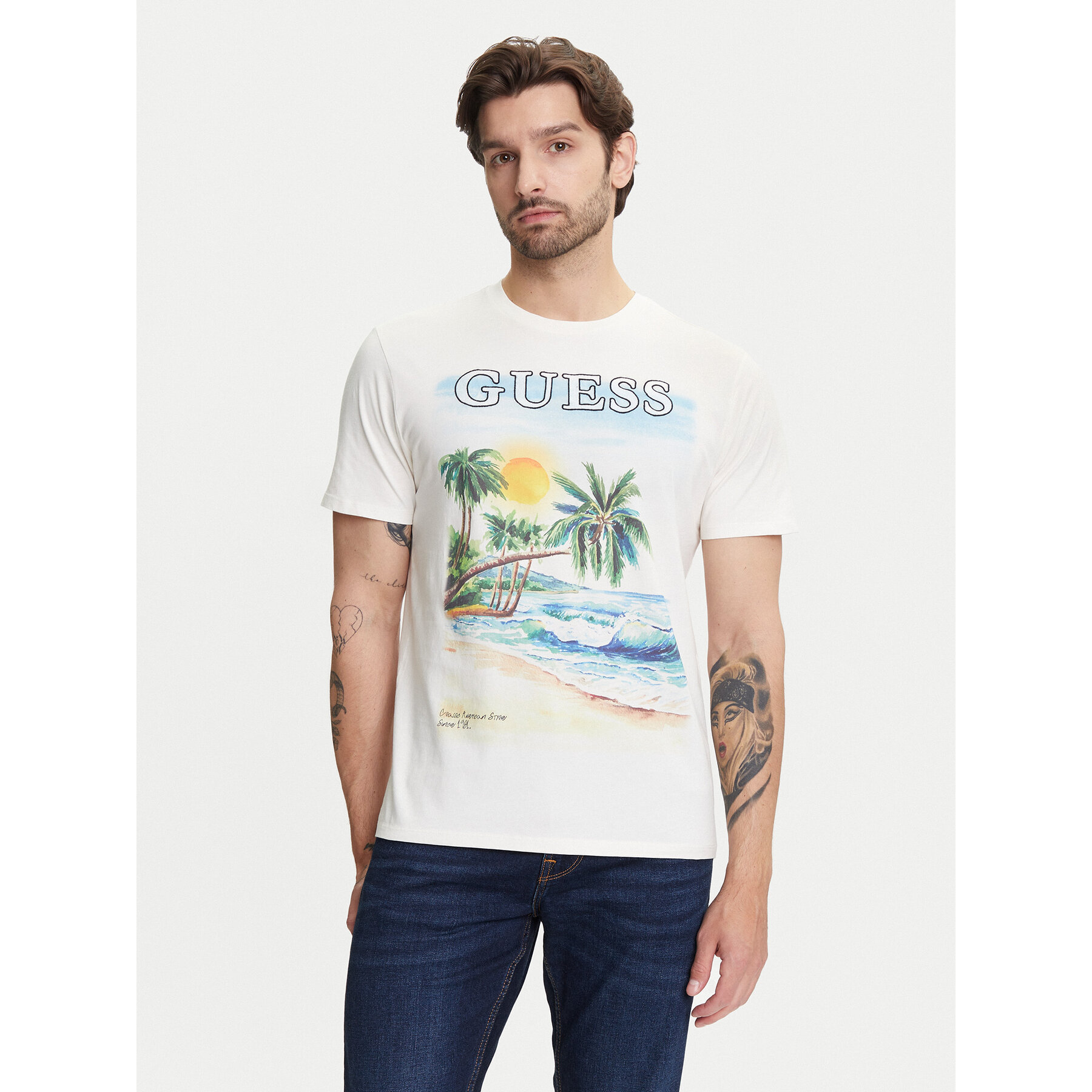 Guess Marškinėliai M5YI38 KBW41 Écru Regular Fit